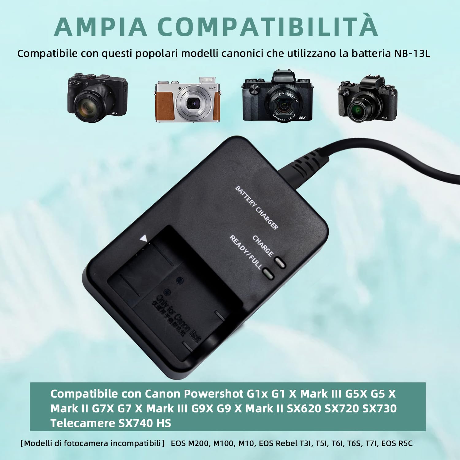 NB-13L CB-2LH Caricabatteria compatibile con Canon PowerShot G1X, G1 X Mark III, G5X, G5X Mark II, G7X, G7X Mark II, G7X Mark III, G9X, G9X Mark II, SX620, SX720, SX730, SX740