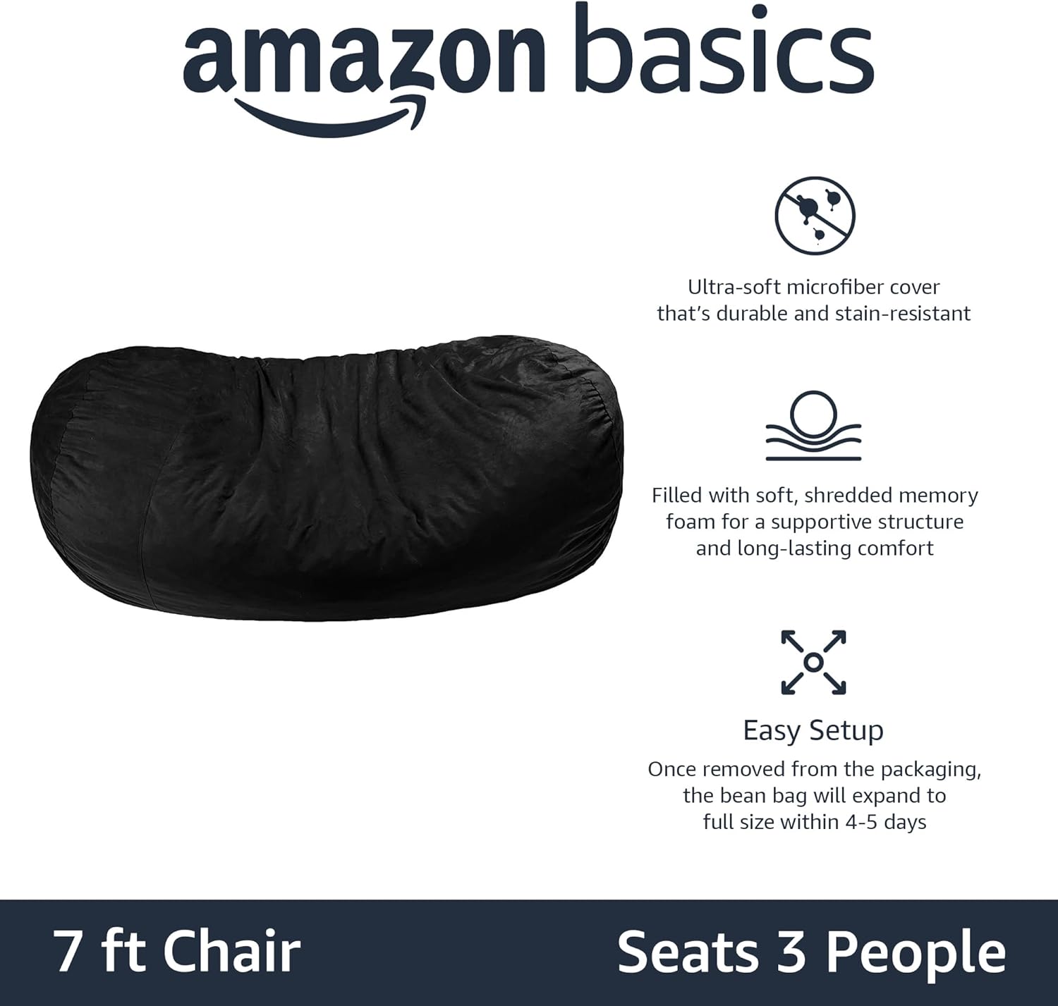Amazon Basics Memory Foam Filled Bean Bag Lounger with Microfiber Cover, 7 ft, Black, Solid 7 ft