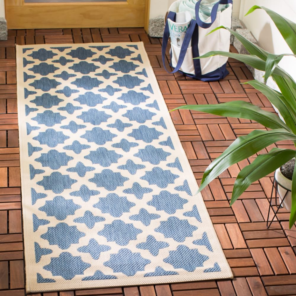 SAFAVIEH Washable Rug Outdoor Courtyard Collection - 2'3" x 8' Runner, Blue & Beige, Non-Shedding & Easy Cleaning, Ideal for Patio, Entryway, Mudroom,