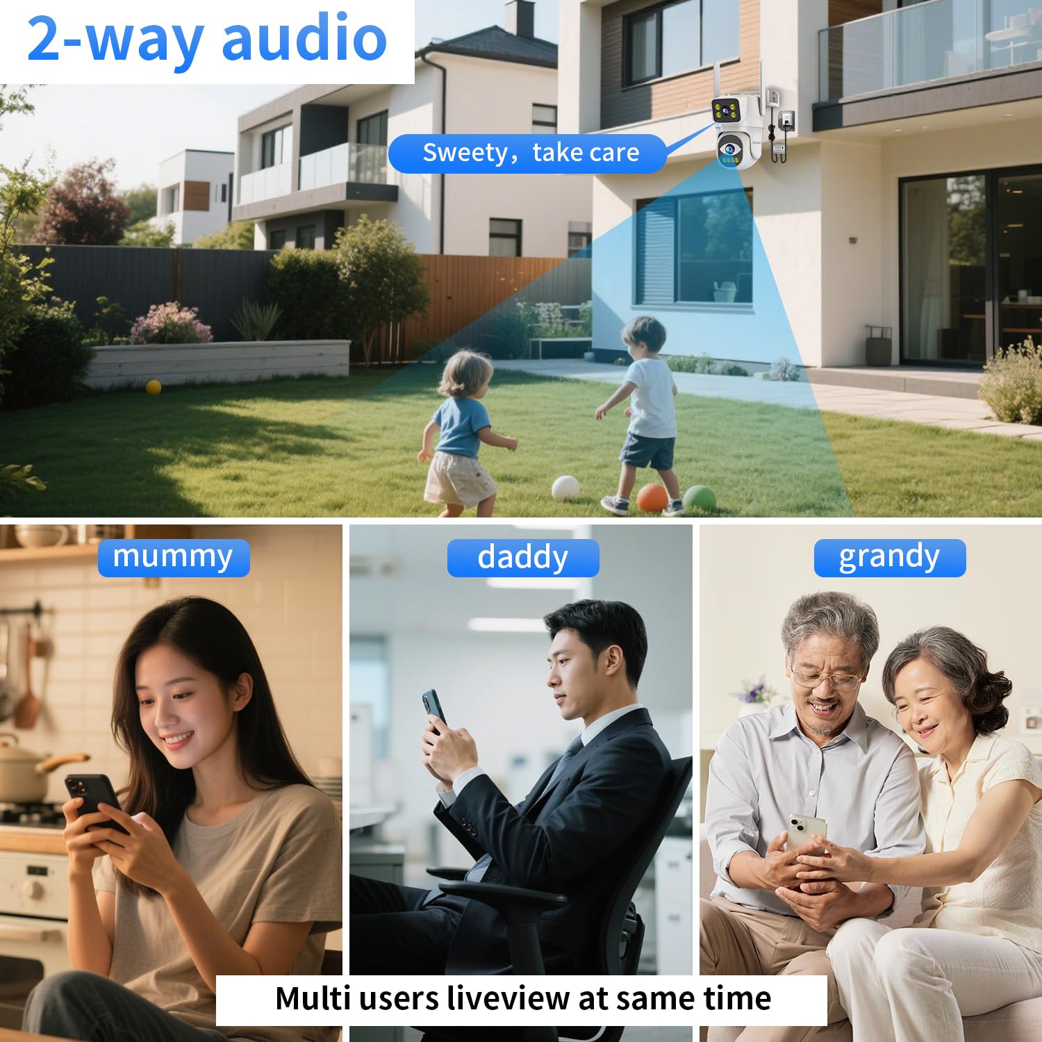 Telecamere a doppia lente per la sicurezza domestica, telecamera plug-in PTZ esterna 2.4G/5G, monitoraggio del movimento, visione notturna, registrazione continua 24/7, funziona con sistema di