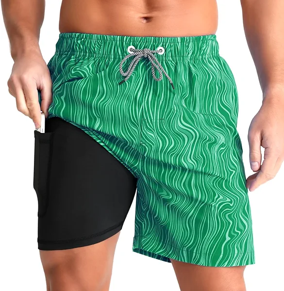 zeetoo Mens Swim Trunks with Compression Liner 5" Inseam Quick Dry Beach Shorts with Zipper Pockets