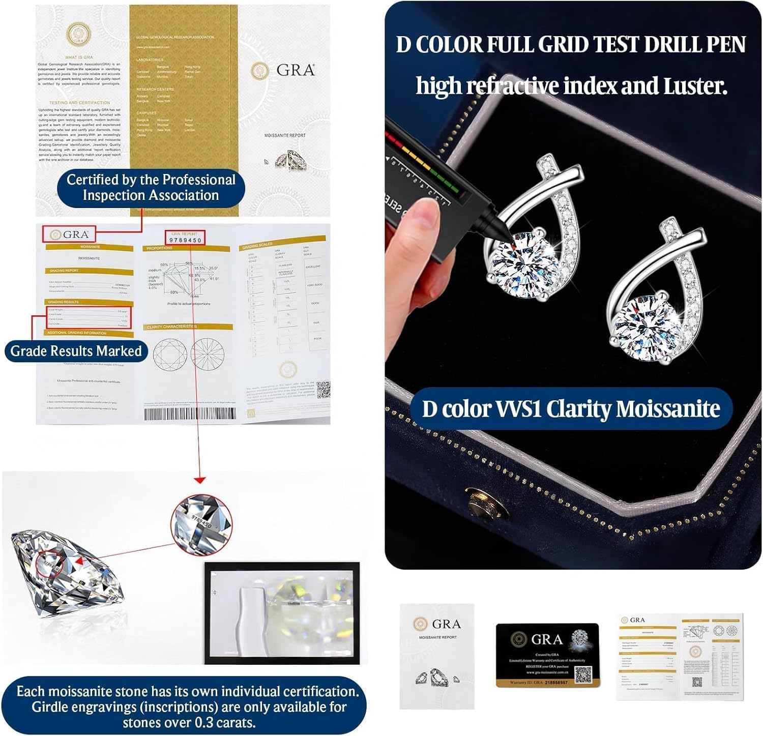 Moissanite Stud Earrings, 925 Sterling Silver Lab Grown Solitaire Moissanite Diamond Studs Round Cut D Color VVS1 Clarity Simulated Diamond Earrings for Women Men Wedding Party Holidays Casual Jewelry - Image 5