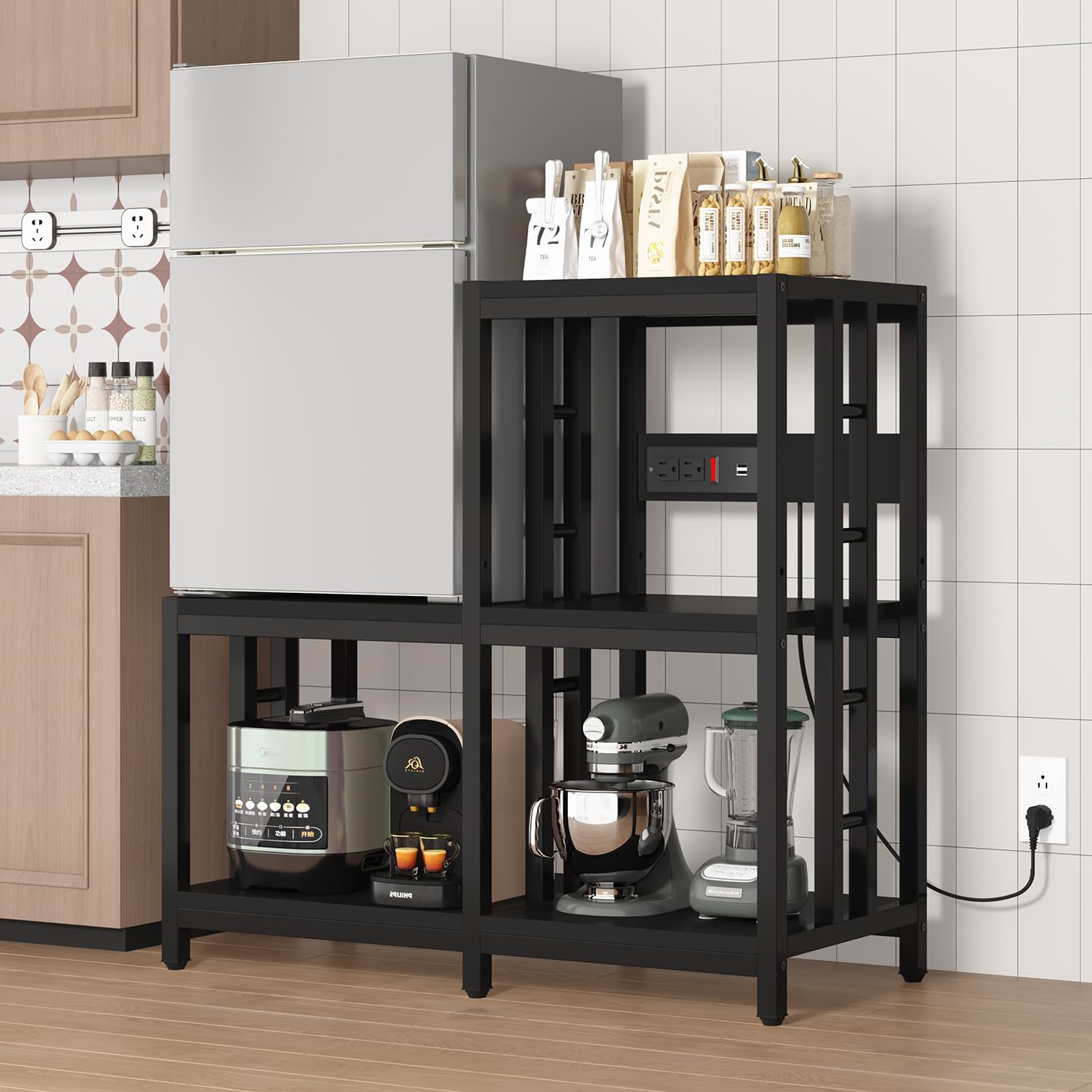 Mini Fridge Stand with Storage with Power Outlet, Microwave Oven Stand, Bakers Rack with Storage Shelf, Mini Fridge Cabinet, Mini Fridge Shelf for Kitchen, Living Room, Office, Patio.(Black)