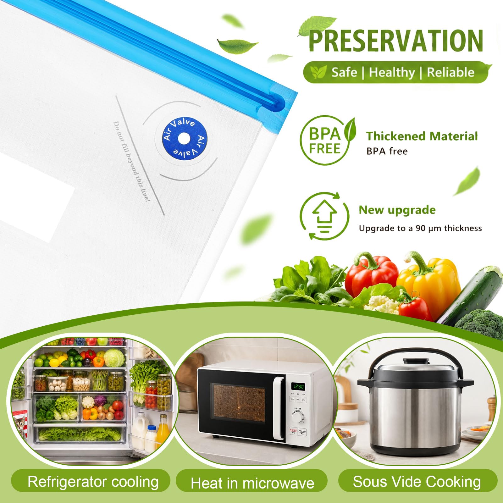 Paquete de 60 bolsas Sous Vide selladoras al vacío para alimentos, 4 tamaños reutilizables bolsas de alimentos con cremallera al vacío bolsas de almacenamiento con válvula de aire de doble capa para