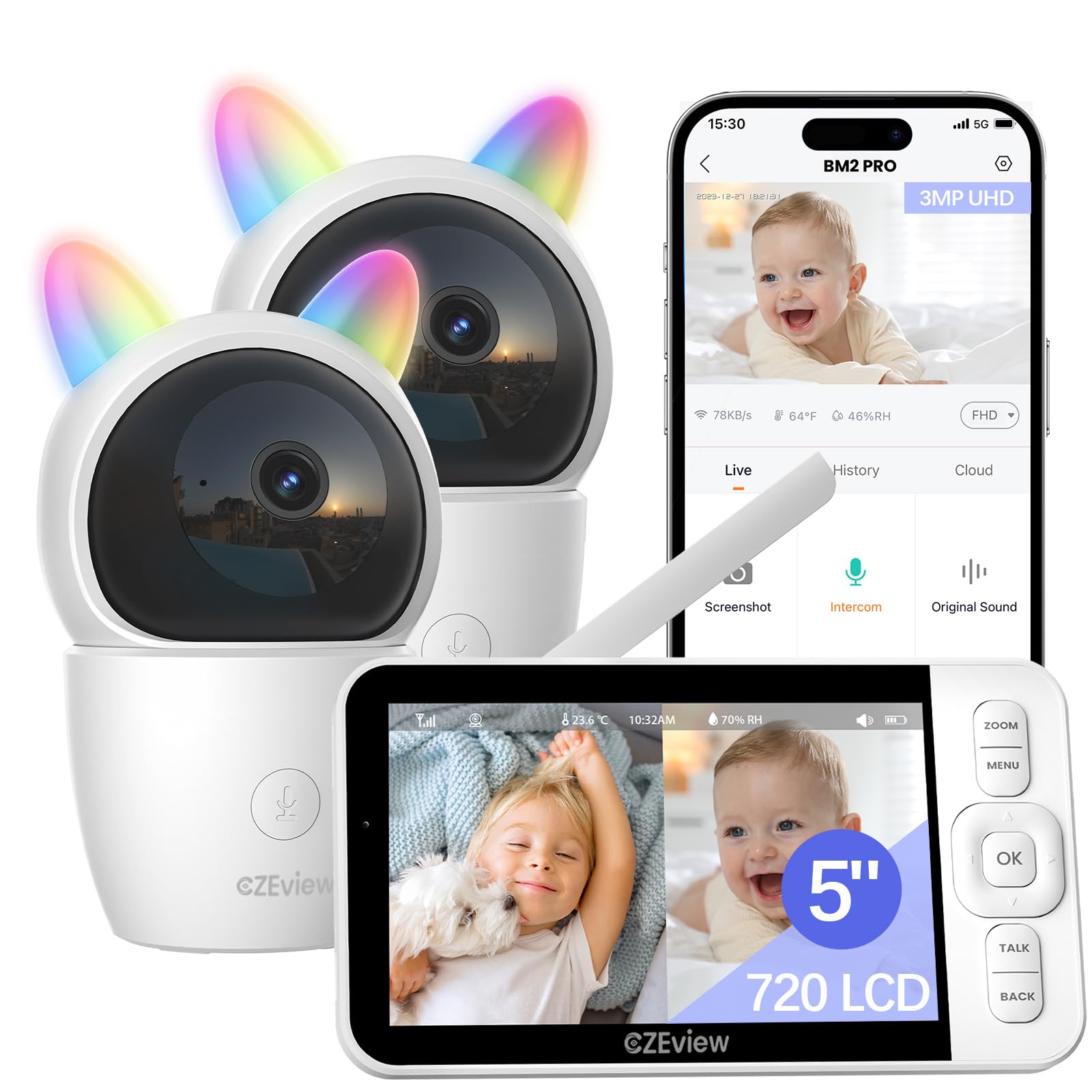 CZEview Babyphone mit Kamera, 2K/5,0" HD WLAN Video Babyfon mit App, 360°, 4× Zoom, Nachtsicht, Automatische Verfolgung, Weinen/Bewegungs/Geräuscherkennung, Temperaturanzeige (Schwarz Weiß 2 Kamera)