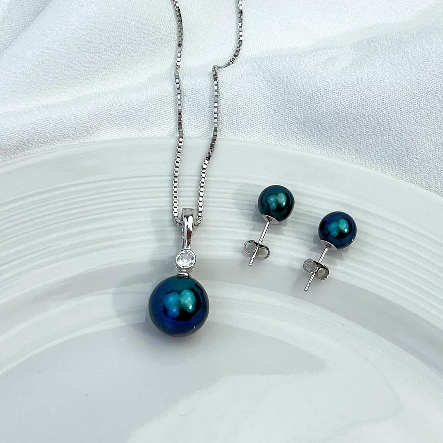 YAMI Pearl Neckalce and Earrings Set, Pearl Jewelry Set for Women, Genuine Cultured Blue/Black/Golden Pearls Crafted in 925 Sterling Silver, Luxurious Jewelry Gifts for Women, Length 18+2IN