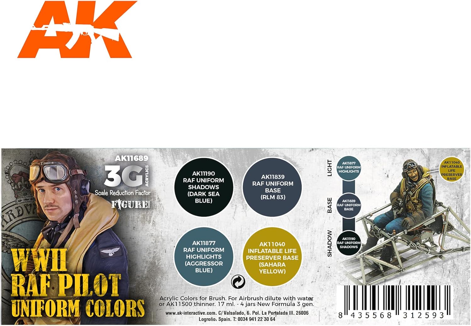 AK Acrylics 3Gen Aircraft Set AK11689 WWII RAF Uniform Colors 3G (4x17ml)