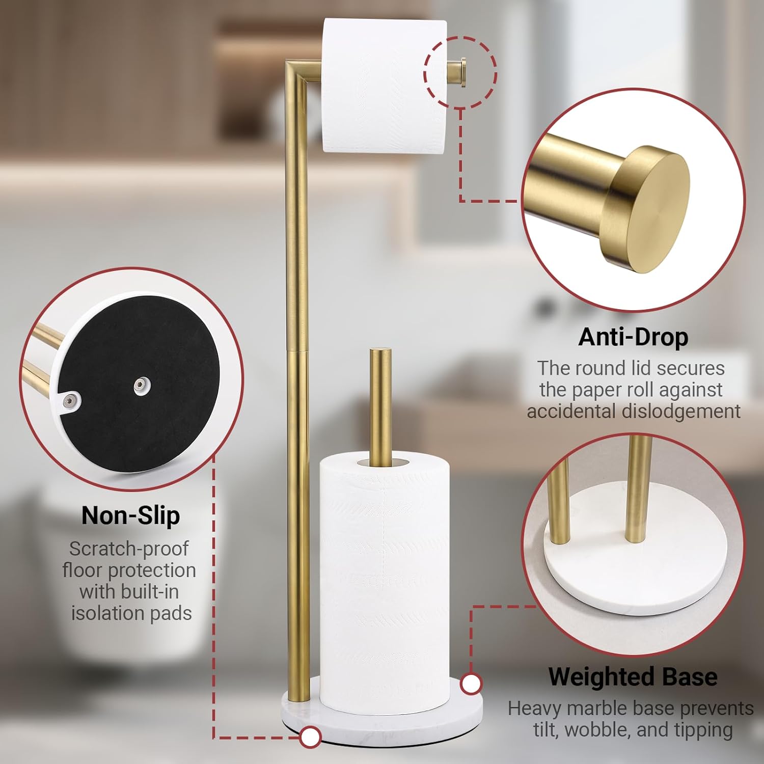 Hoooh Free Standing Toilet Paper Holder - Heavyweight Marble Base Tissue Roll Holder Stand with Reserve, Brushed Gold Stainless Steel for Bathroom