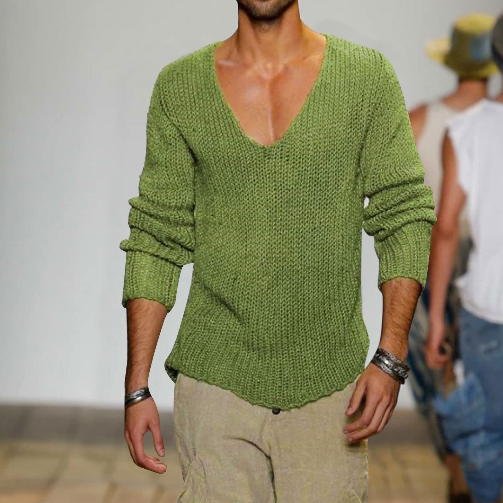 Pull Col V Homme Grandes Tailles, Pulls Hiver Homme Sexy V Profond Tricot Couleurs Pures Manche Longue de Mode Sweater Doux Chauds Confortable Chandails Coupe Slim Fit Loisirs Sweaters