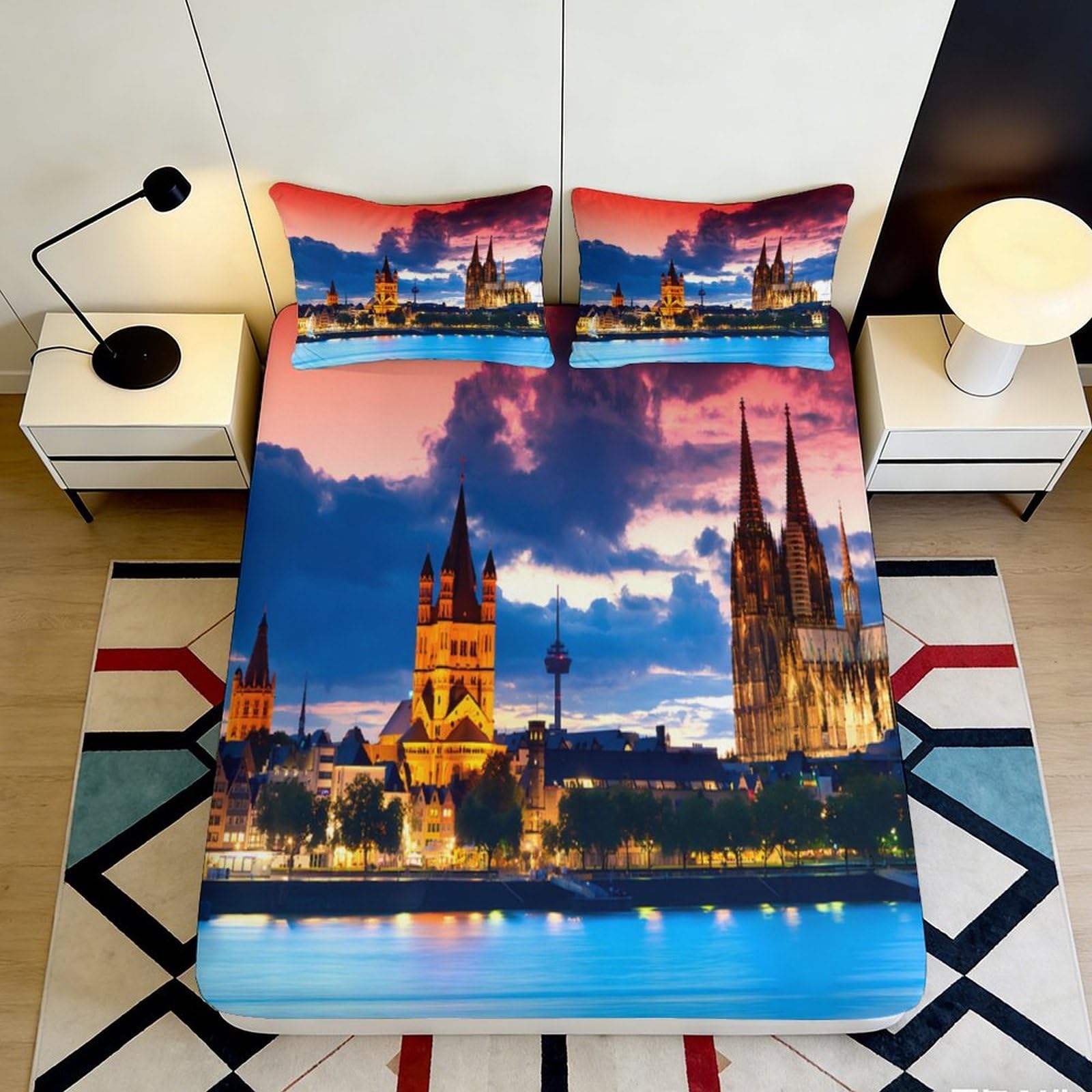 Pnayamiorkfel Style-4 3D Printed Cologne Skyline Fitted Sheet Microfiber Soft Breathable Cathedral Bed Cover For Bedroom Dorm Mattress Protection Decor 90X200x25cm