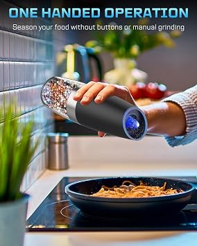 XinXu Gravity Electric Pepper and Salt Grinder Set, Adjustable Coarseness, Battery Powered with LED Light, One Hand Automatic Operation