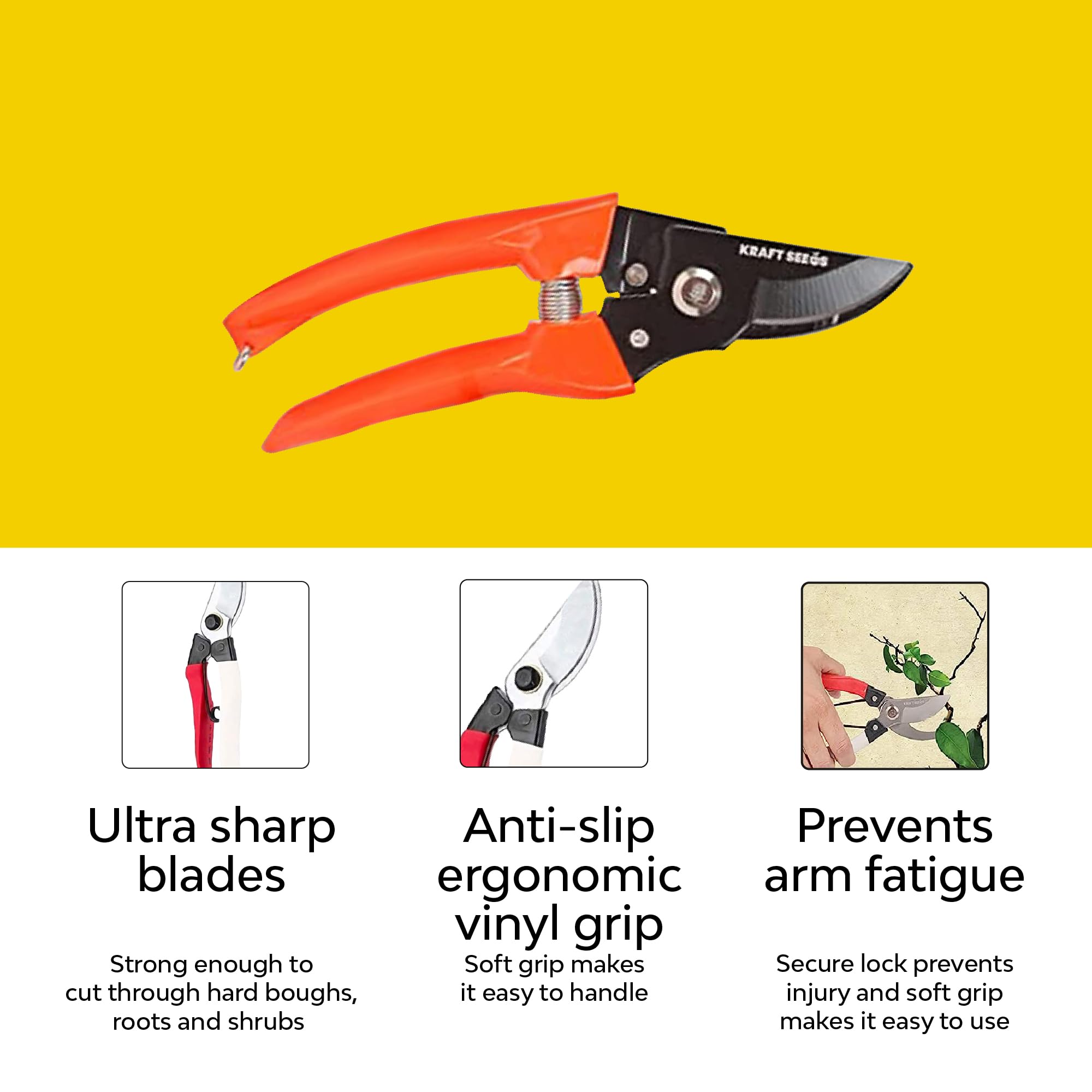 Kraft Seeds Assorted Hand Pruner Cutter - 1 Pc (Steel Blades) | Heavy Duty Gardening Cutter Tool | Plant Cutter for Home Garden | Wood Branch Trimmer | Sturdy Stem Scissors 2