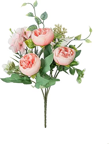 Miniatura 8 de Ramo de flores artificiales de seda artificial, 5 ramas, rosas pequeñas para decoración de mesas de boda, hogar, oficina, 2 paquetes de 2 (rosa)