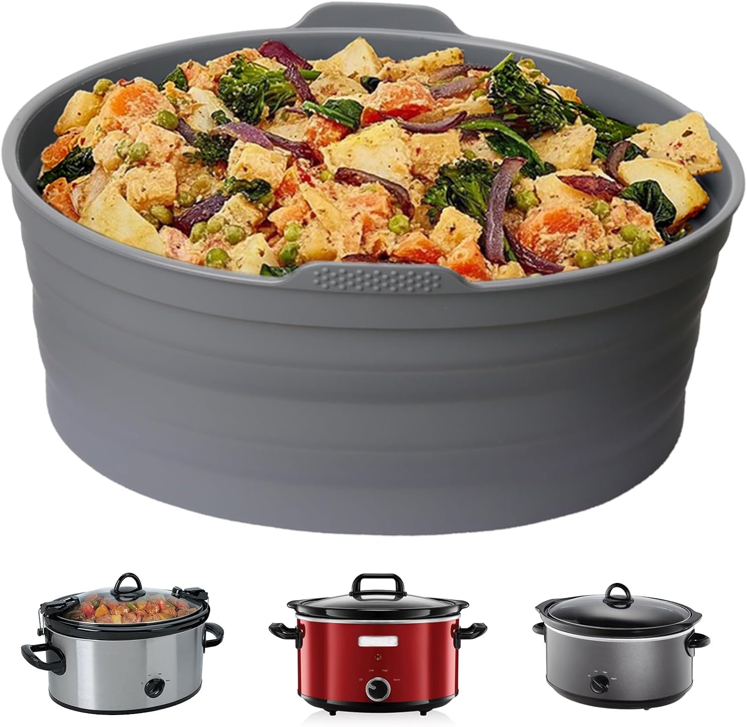 Silicone Slow Cooker Liners with Handle, 6 QT Reusable Cooking Liners Compatible with Crock-Pot & Hamilton Beach，Foldable Oval Slow Cookers Accessories, Food-grade & Easy Cleanup, 1 Pcs