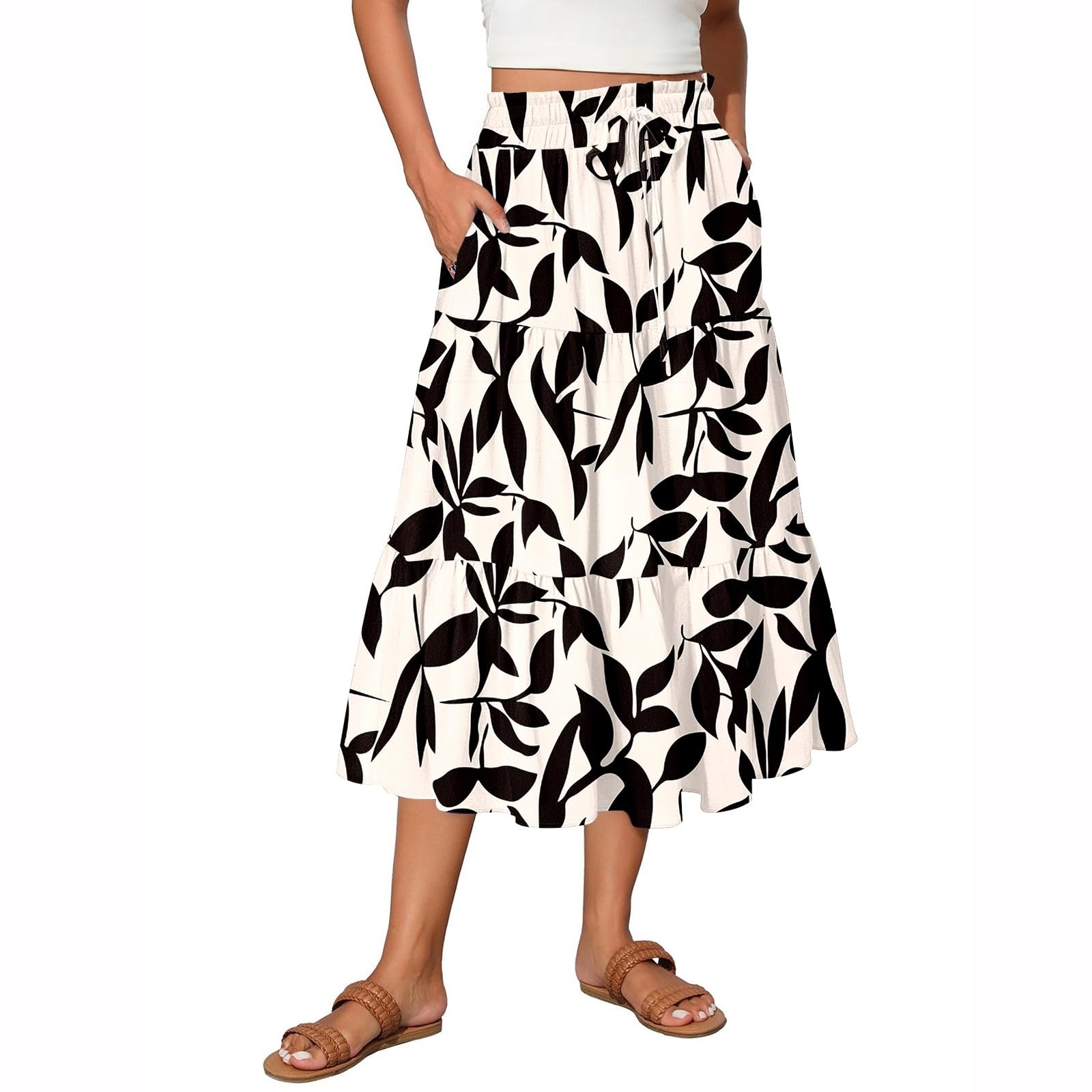 Floral Midi Skirts for Women High Waisted Knee Length Flowy Boho Skirts Casual Tiered A Line Skirt with