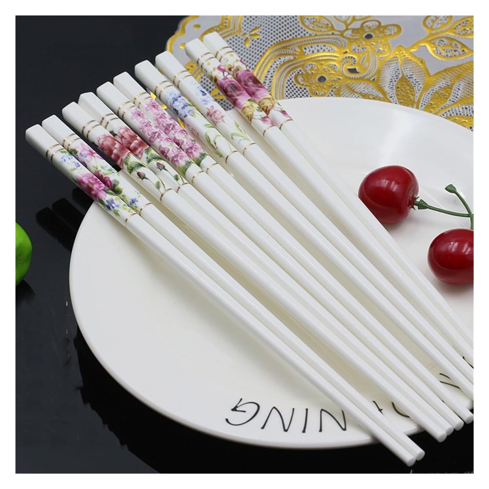 Baguettes en céramique, Coffret cadeau à motif Floral de baguettes réutilisables 10 paires, en céramique d'os haute qualité(Q)