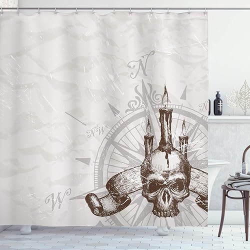 Ambesonne Cortina de ducha con brújula, brújula con calavera y velas espeluznante aventura temática de nuevos destinos piratas, juego de decoración
