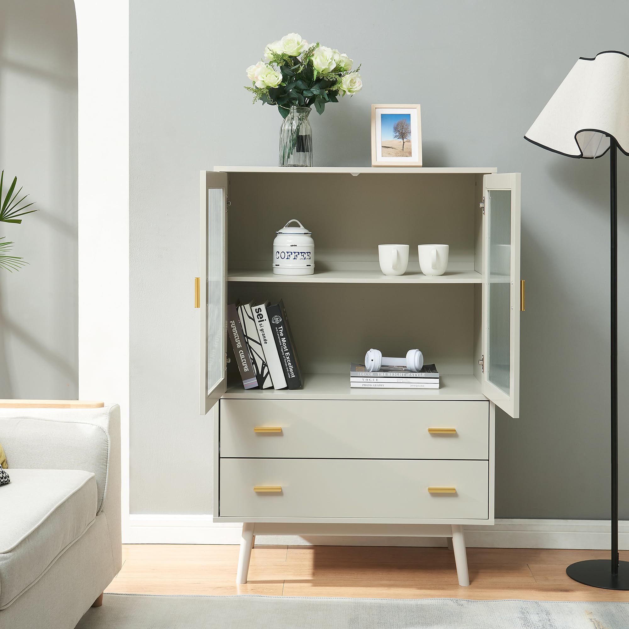 [en.casa] Credenza con Vetrina Armadietto con Ante in Vetro Scanalato e 2 Cassetti Madia per Cucina Soggiorno Sala Pranzo 120x80x40 cm Beige