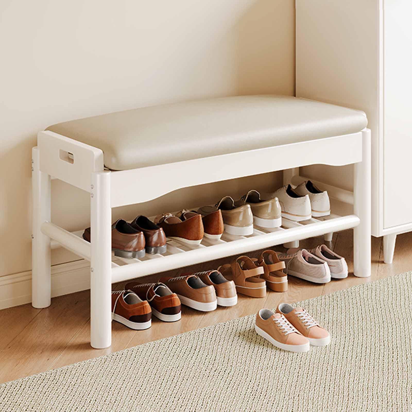 Étagère à chaussures en bambou et banc d'entrée confortable pour salon et chambre