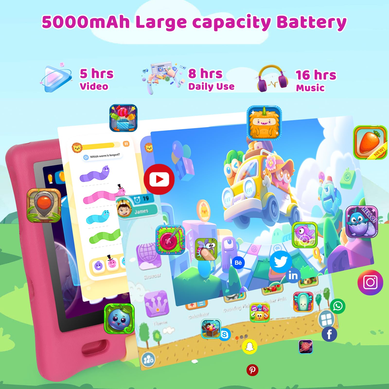 MUISOO 10 Inch Kids Tablet, Android 14, Octa Core Processor, 16GB RAM, 128GB ROM, 1TB TF, 5000mAh Battery, WiFi, Bluetooth, Type-C (Pink) — view 4