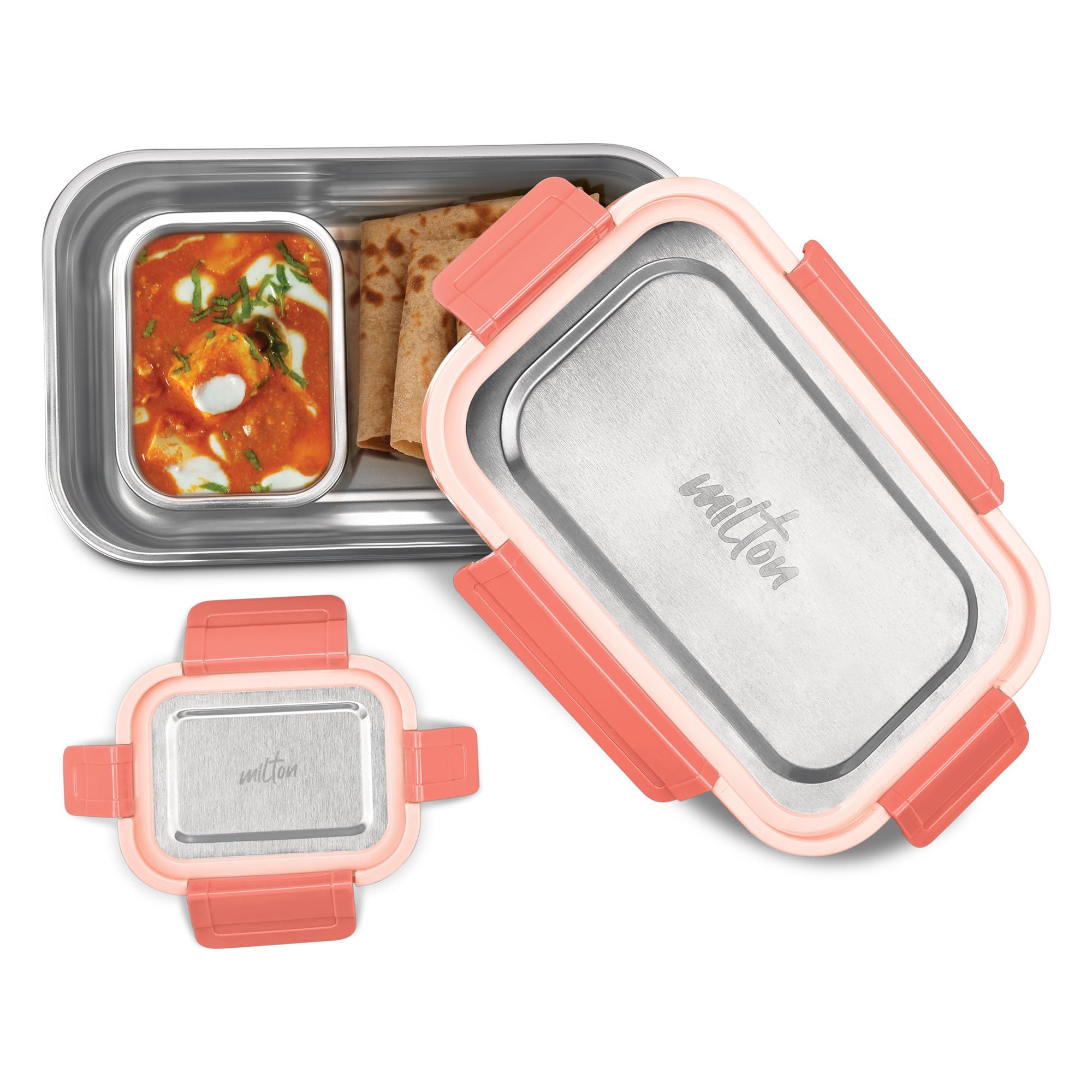 MILTON Home Meal Sr. Stainless Steel Airtight Leak-Proof Lunch Box, Snacks Tiffin for Kids, Light Weight, Easy to Clean, for Office, School, Picnic & Travelling Set of 2 (970,180 ml), Red