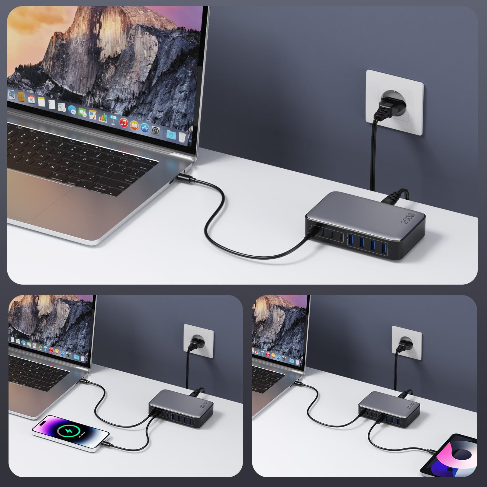 200W Chargeur USB C, Chargeur Rapide avec GaN III Tech, 8 Ports PD QC PPS Prise Multiple, 65W Adaptateur Chargeur Laptop Compatible avec MacBook Pro/Air Laptop, iPhone, iPad Pro, Galaxy, SteamDeck