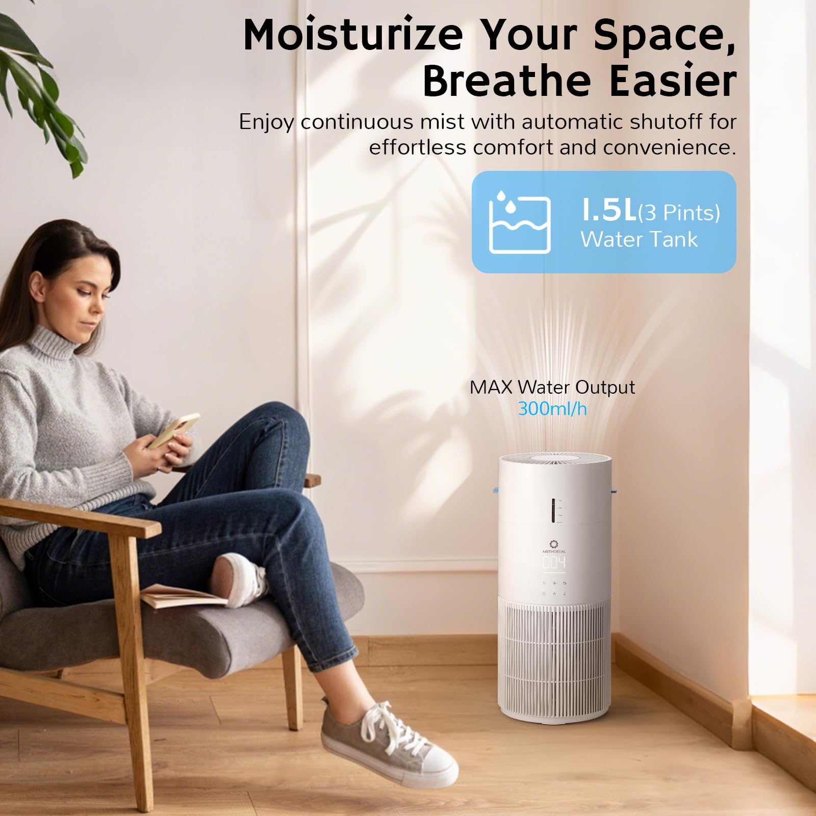 Airthereal Oczyszczacz i nawilżacz powietrza 2 w 1 do 125 m², 3-stopniowy filtr, monitor jakości powietrza, tryb cichego snu, nawilżacz z automatycznym monitorem wilgotności, AEH300