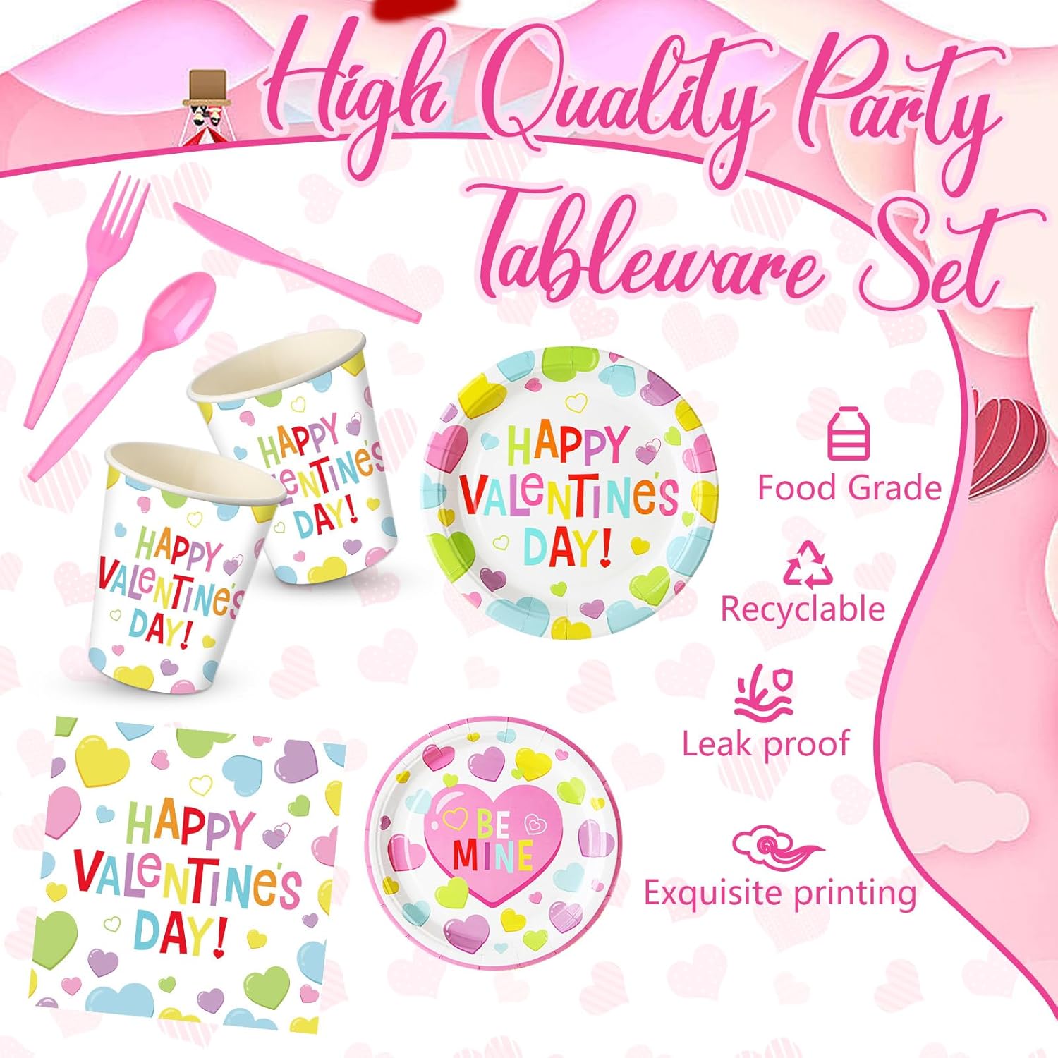 240 Pcs Valentine Party Supplies Plates and Napkins Cups Valentines Disposable Dinner Dessert Plates Heart Paper Napkins Beverage Cups Plastic Fork Set(Fresh Style)