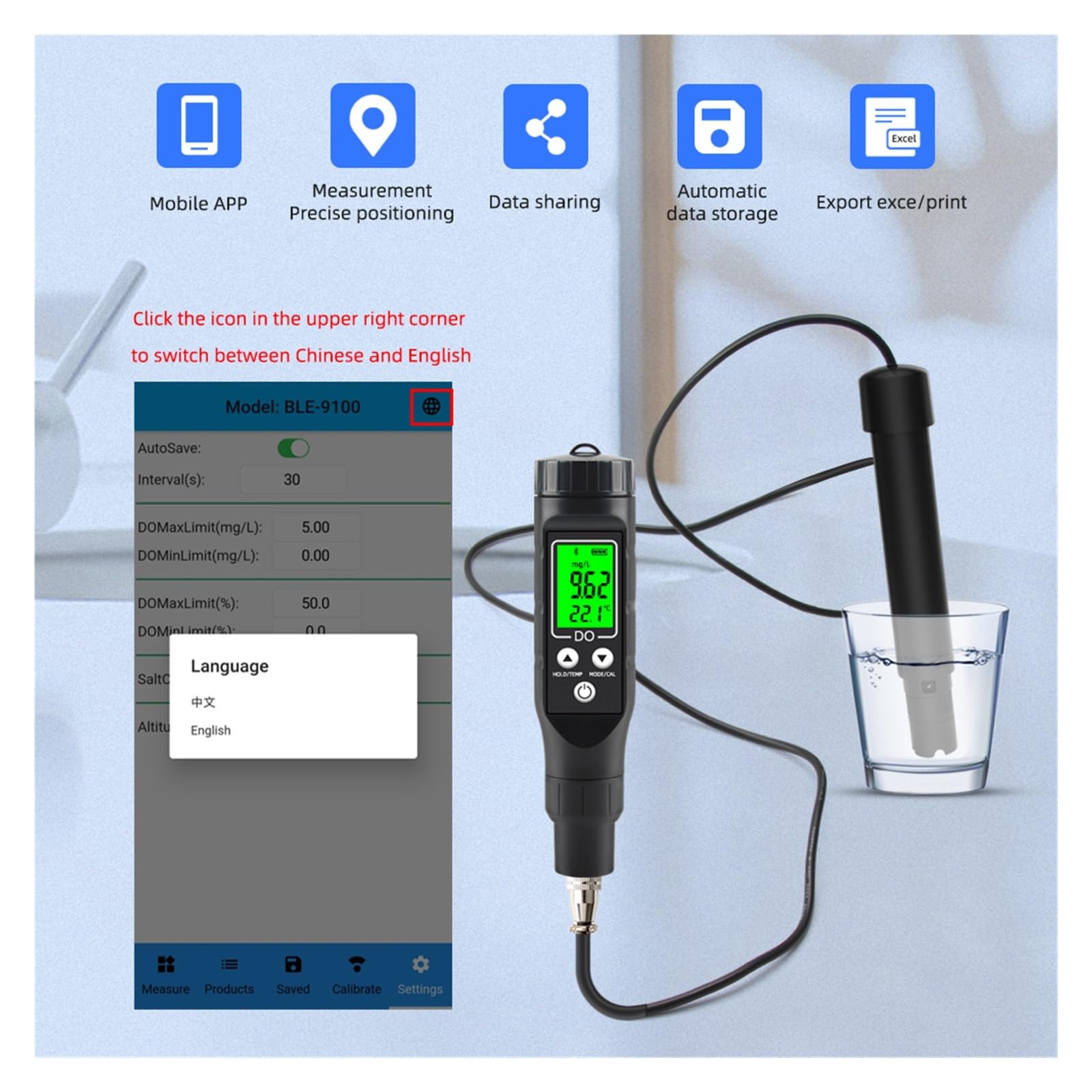 Tester miernika PH, Inteligentny miernik rozpuszczonego tlenu z niebieskim zębem 0,0-30,0 Mg/L cyfrowy detektor online precyzyjny tester elektrod do hydroponiki,Woda pitna, Hydroponika, SPA, Browarni