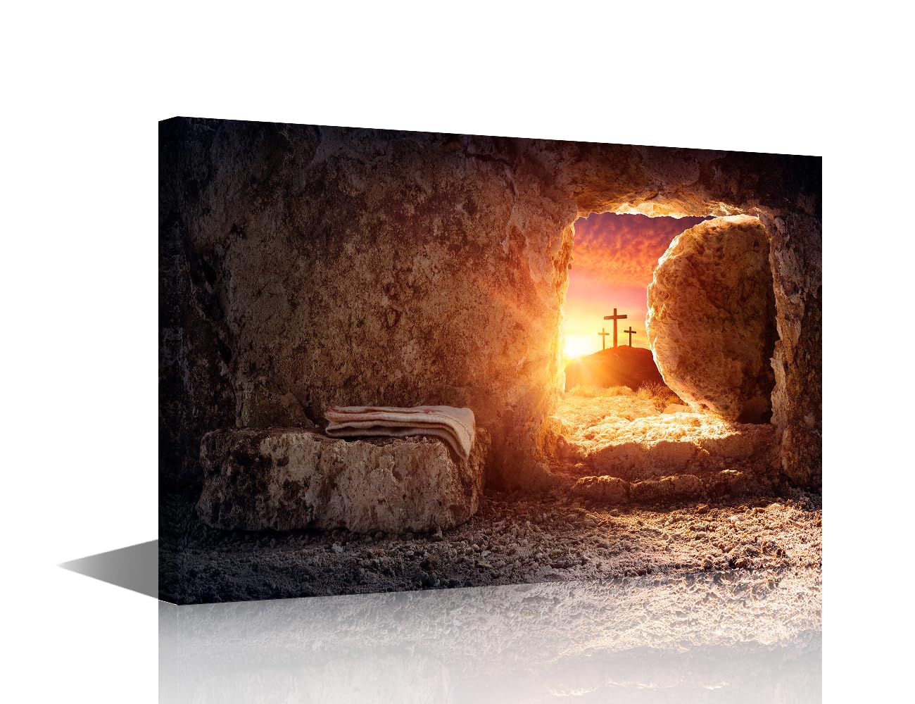 1 Panel Framed Wall Art Tomb Empty With Shroud And Crucifixion At Sunrise