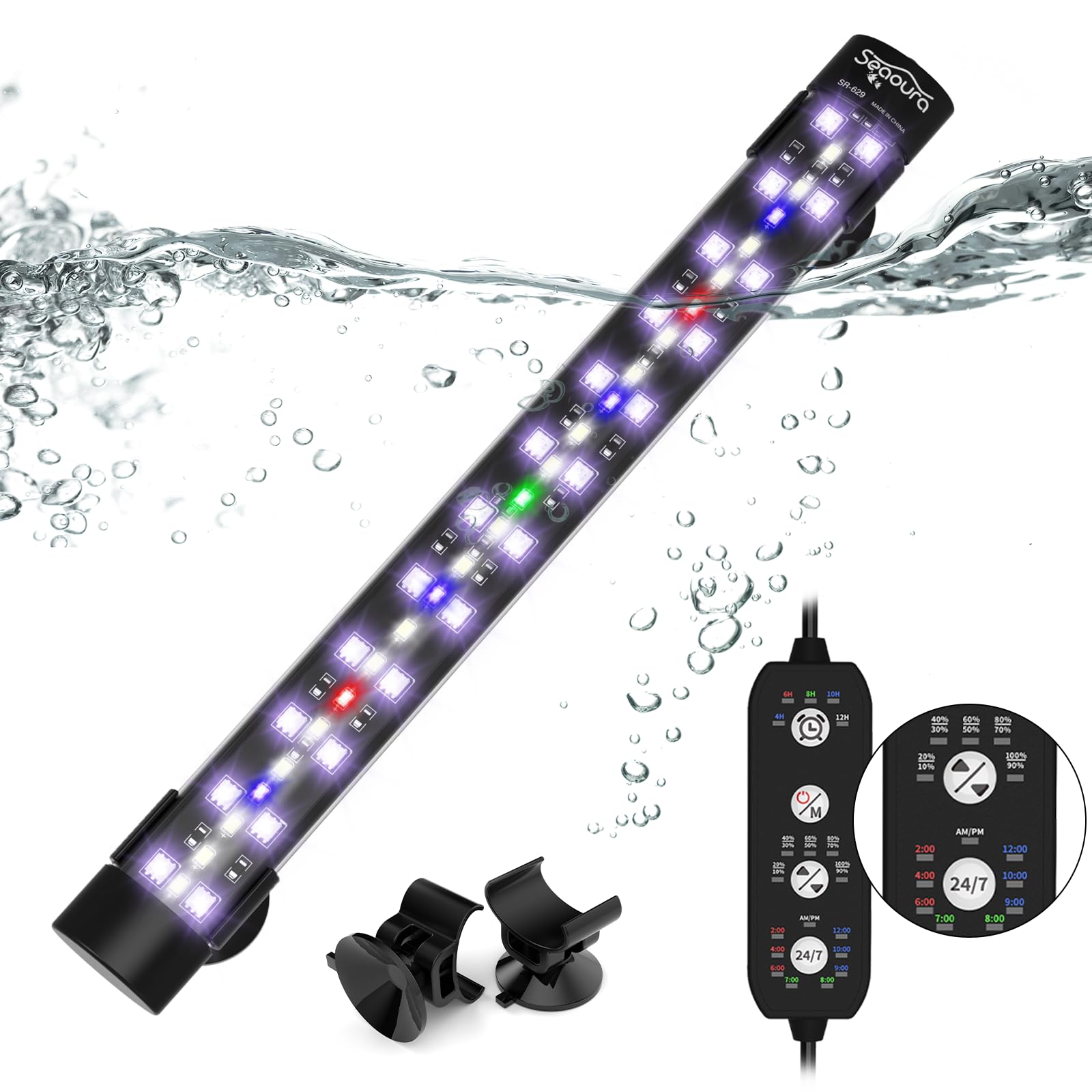 Submersible Aquarium Light for 12 to 23 Inch Fish Tank, 24/7 Cycle Fish Tank Light with Timer, Aquarium Plant Light with Full Spectrum+7 Single Colors, Auto On/Off, Adjustable Brightness