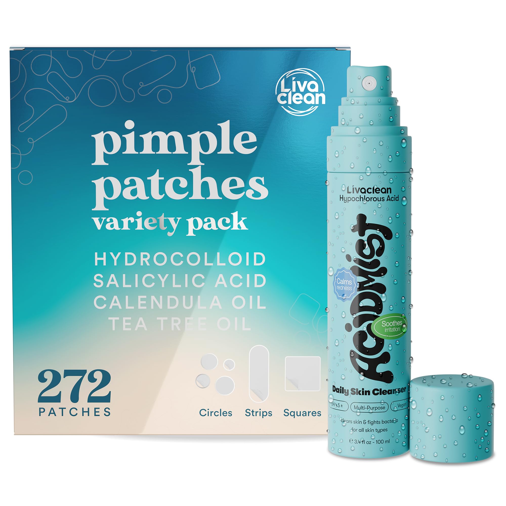 LivaClean 272 CT Pimple Patches Variety Pack Hypochlorous Acid Spray for Face Body