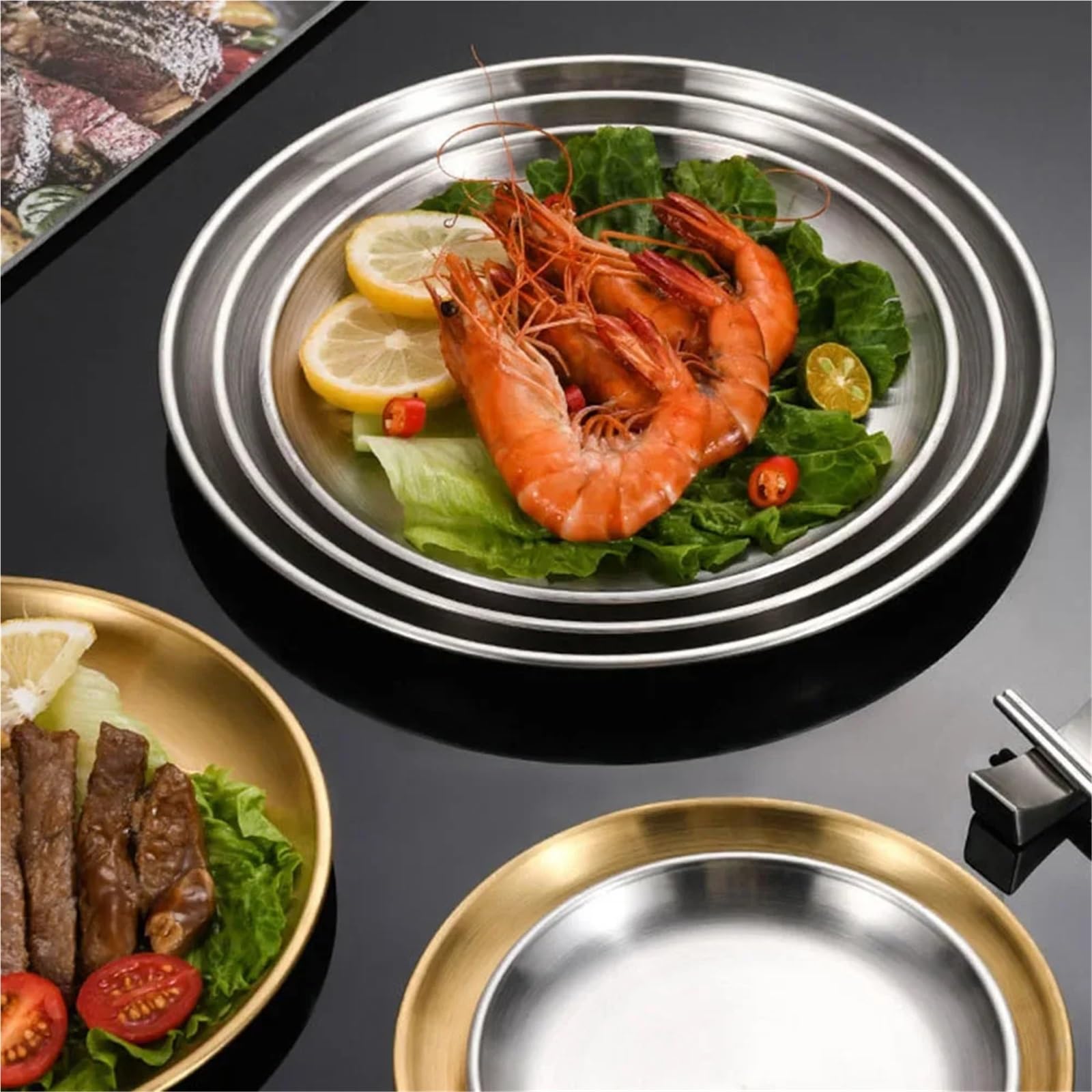 Bandeja de Servicio de Acero Inoxidable 4 Platos Redondos de Acero Inoxidable for escupir Huesos, Bandeja Poco Profunda, Plato Metal for Acampar, Comedor, Picnic, Utensilios Cocina(30cm)