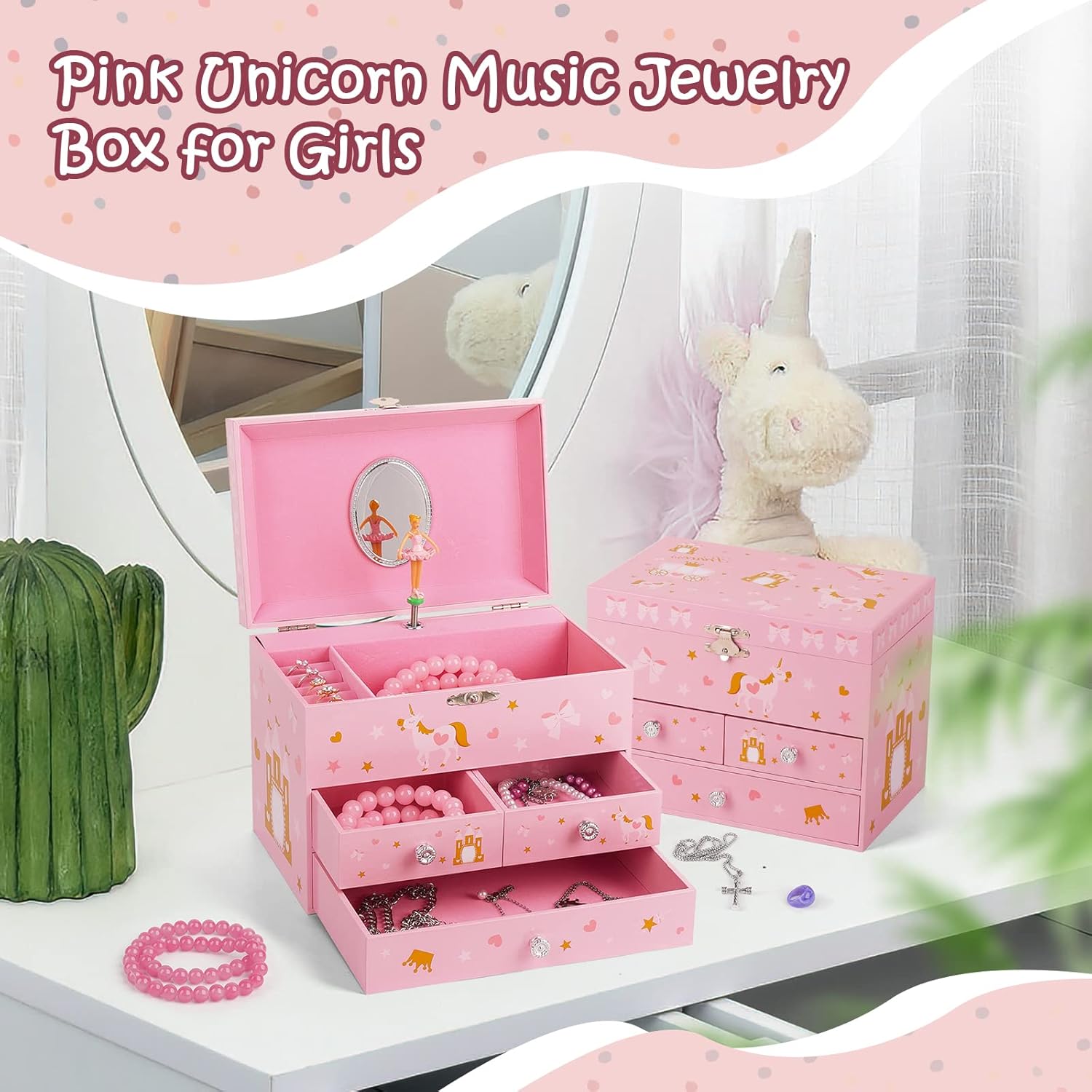 Musical Jewelry Box for Girls 8.07 x 5.12 x 6.14 with 3 Pullout Drawers Spinning Ballerina & Unicorn Jewelry Set, Music Boxes for Birthday Valentine Christmas Gift Waltz of Flowers Tune - Image 4
