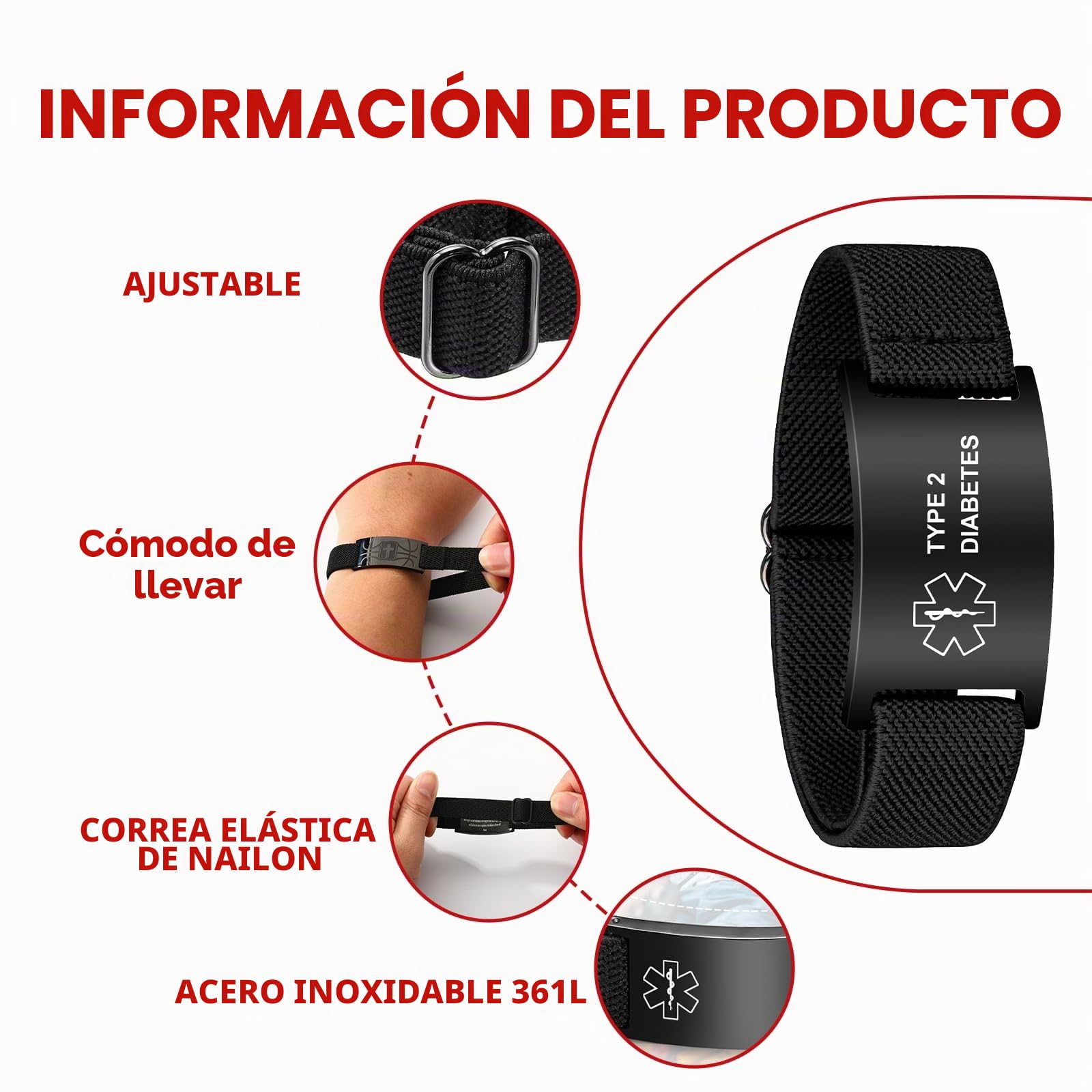 Pulsera de alerta médica personalizada de acero inoxidable grabada con correa elástica para diabetes epilepsia