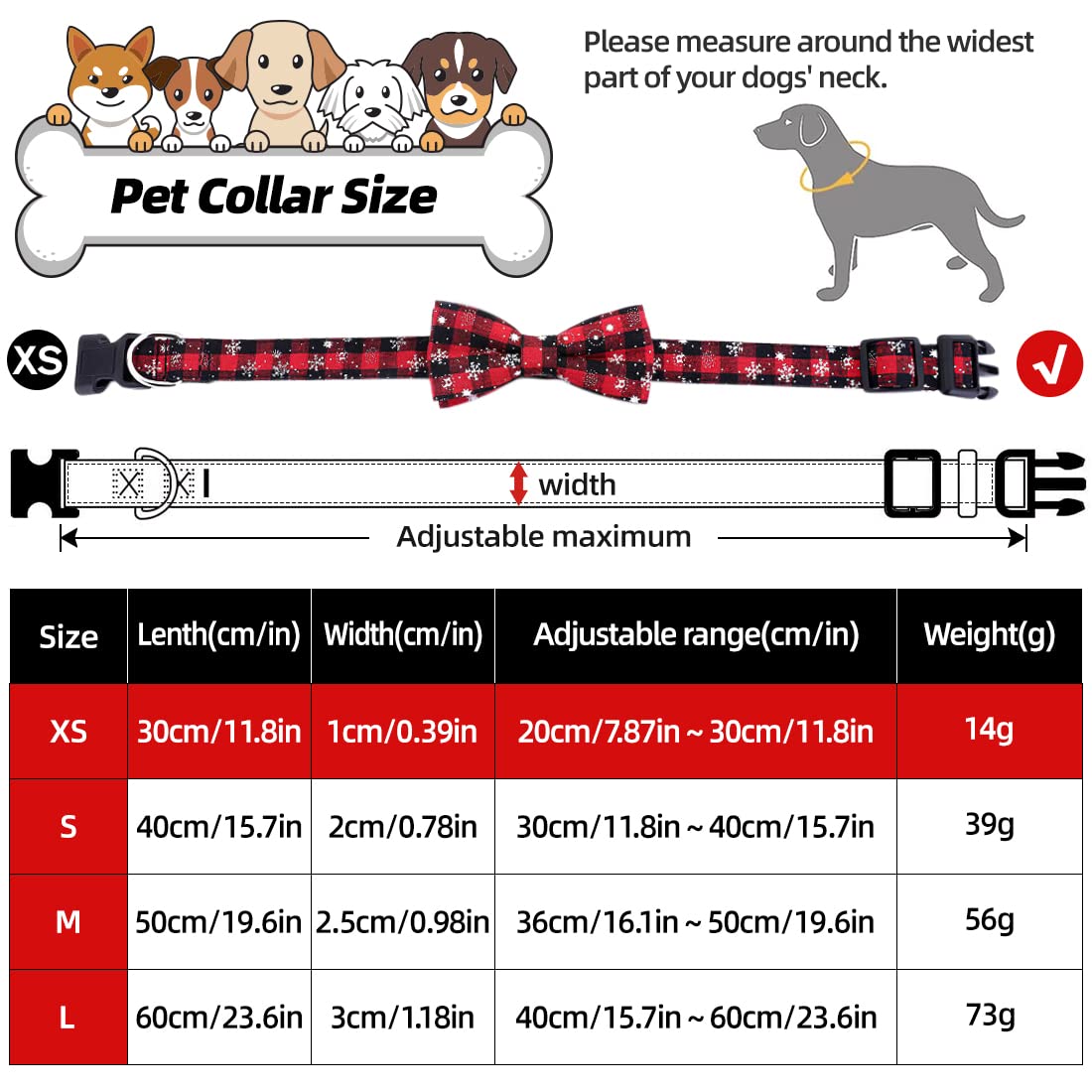 Christmas Pet Collar, Dog Cat Collar Christmas Snow Pattern Adjustable Nylon Necktie Bowknot Bowtie Rope Collar (XS) - Image 2