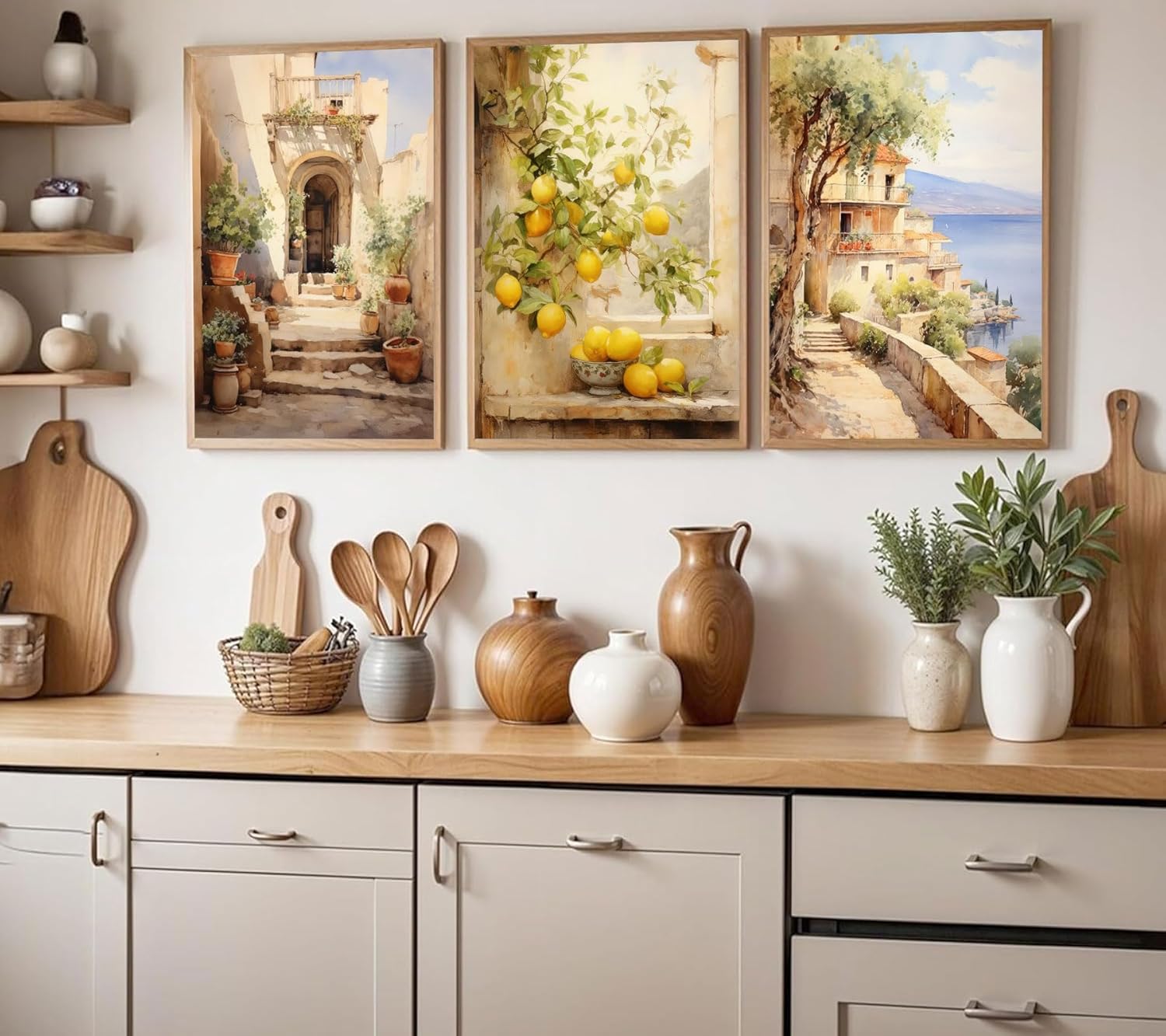 FEACFQKJ 3Pcs Italian Amalfi Coast Wall Art Vintage lemon Tree Wall Decor Print Artwork Mediterranean Travel Landscape Painting Pictures for bedroom living room home decoration 16x24in Poster