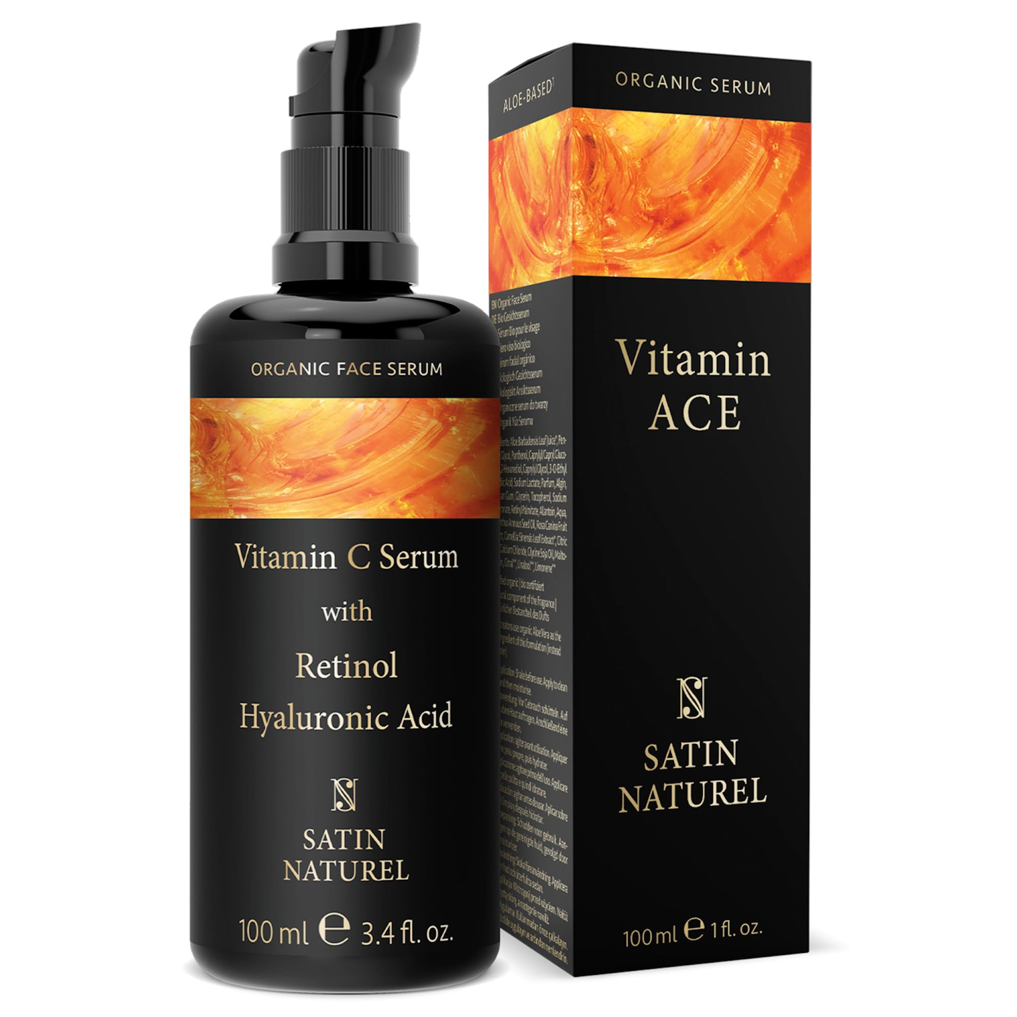 100ml Serum Facial Vitamina C & E + Acido Hialuronico + Retinol puro para la cara ORGANICO - Contorno de Ojos y Piel (Cara) – Antiarrugas, Hidratacion - Crema Antimanchas Facial Mujer - Satin Naturel