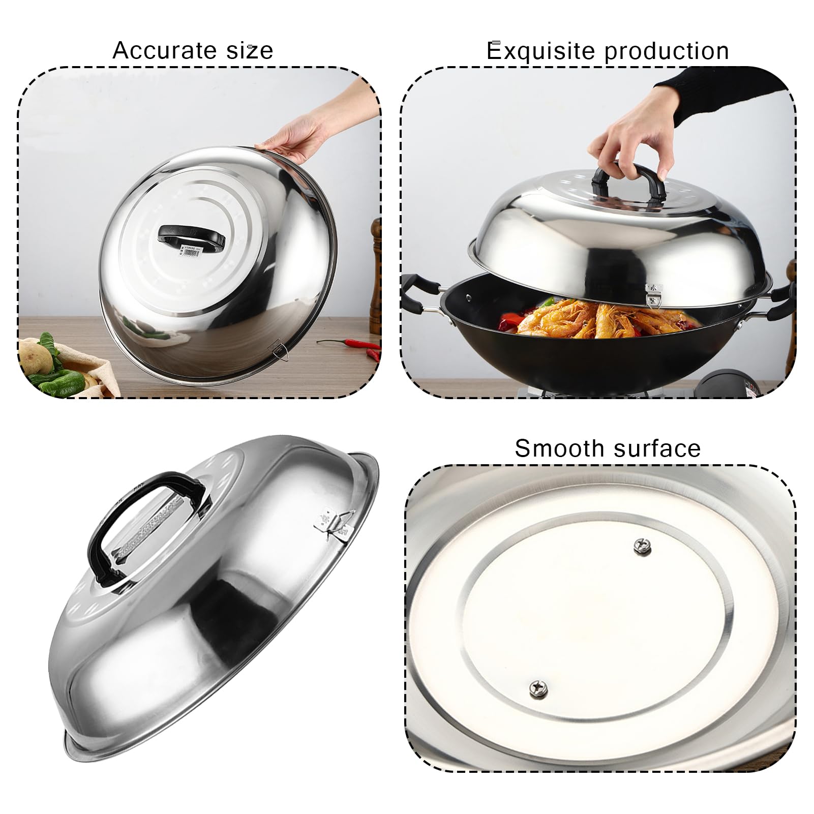 Couvercle de wok rond multifonctionnel en acier inoxydable avec poignée Couvercle Teppanyaki pour la friture, la cuisson à la vapeur et les grillades à la maison 36 cm