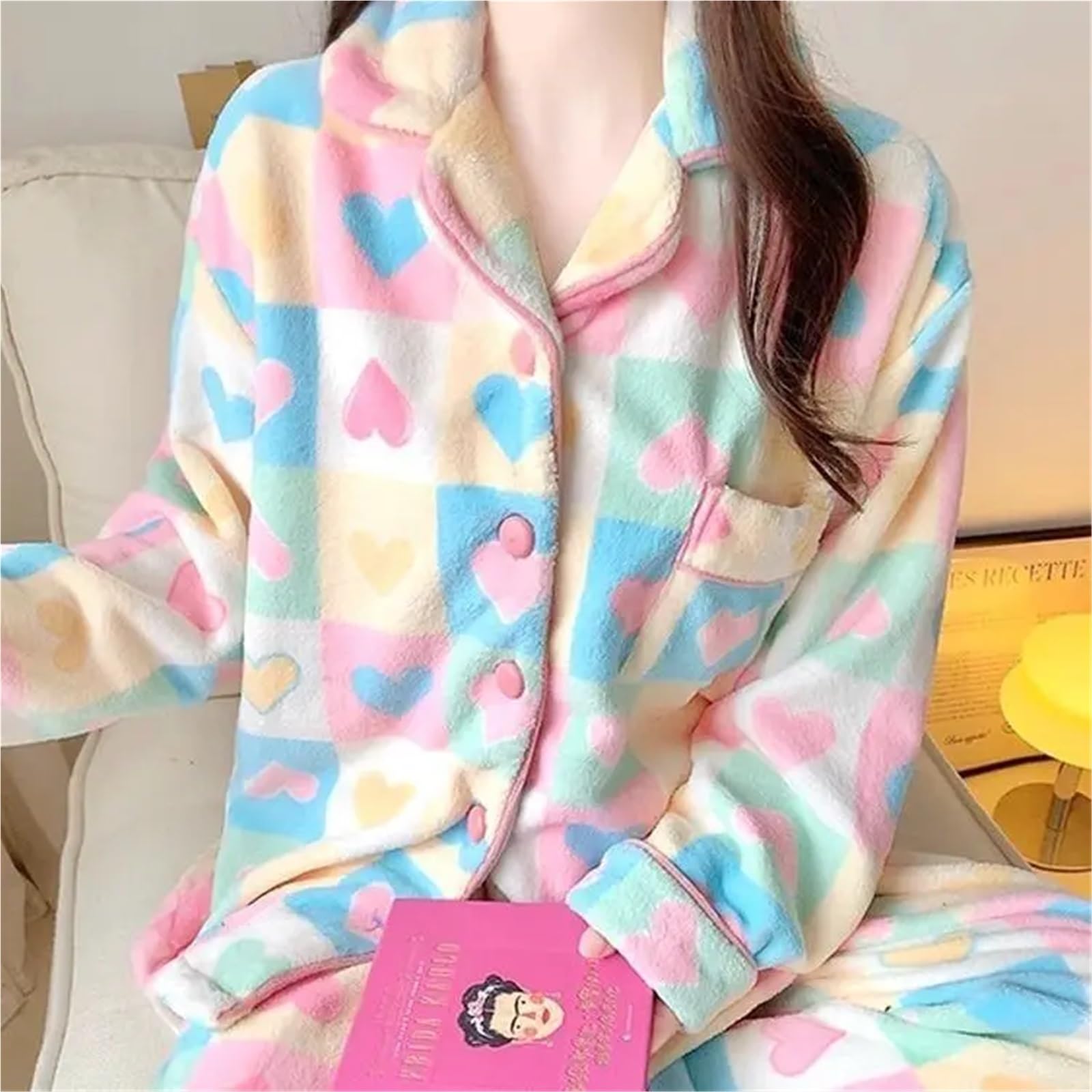 Women's Sweet Pajamas Set – Love & Striped Print, Long Sleeve Sleepwear Suit, Button Top and Pants with Pockets, Soft(XL 58-65kg)