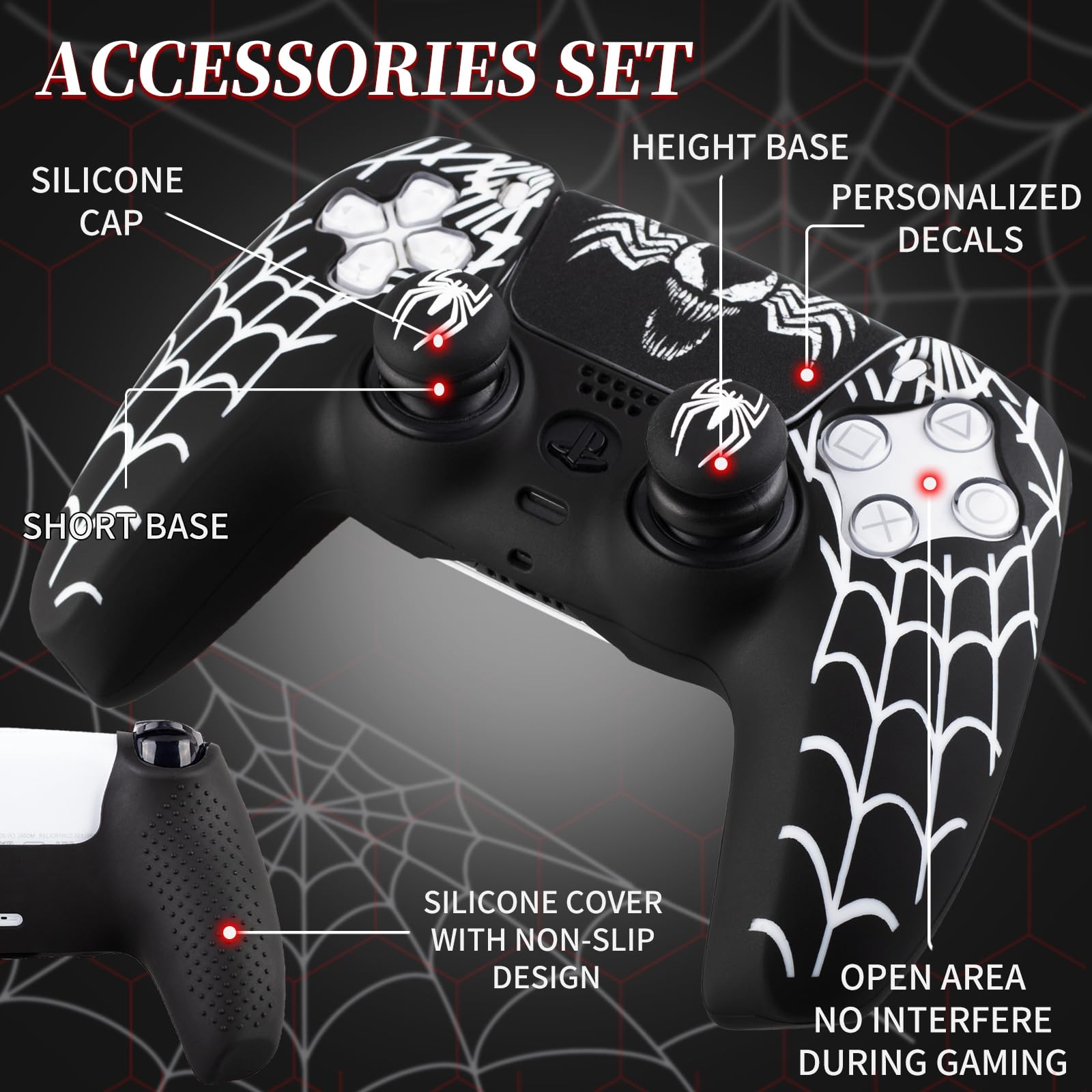 1 adesivo in silicone e 2 gommini estensibili per controller PS5 Venom Web
