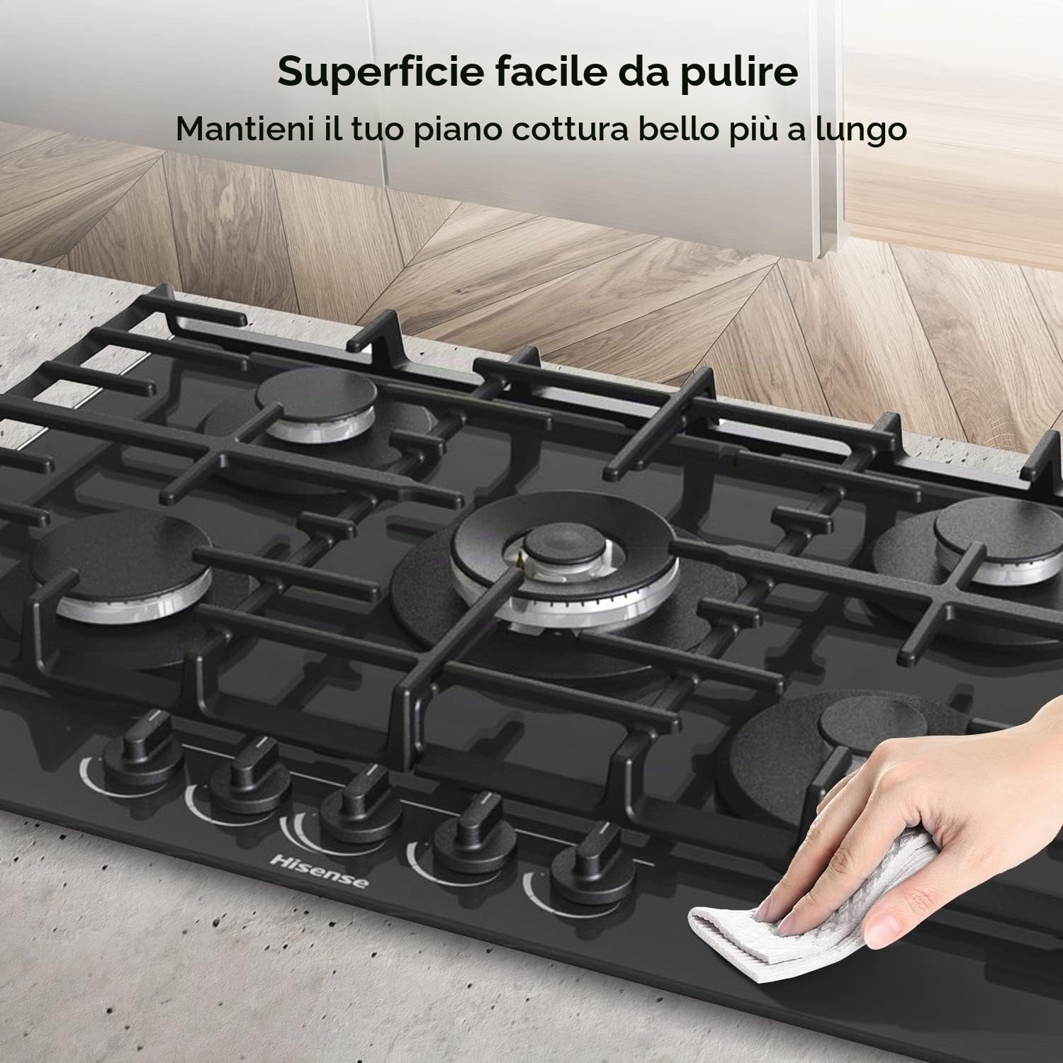 Hisense GG773B 75cm 5 fuochi built-in piano cottura a gas Finitura Vetro Temperato, Nero