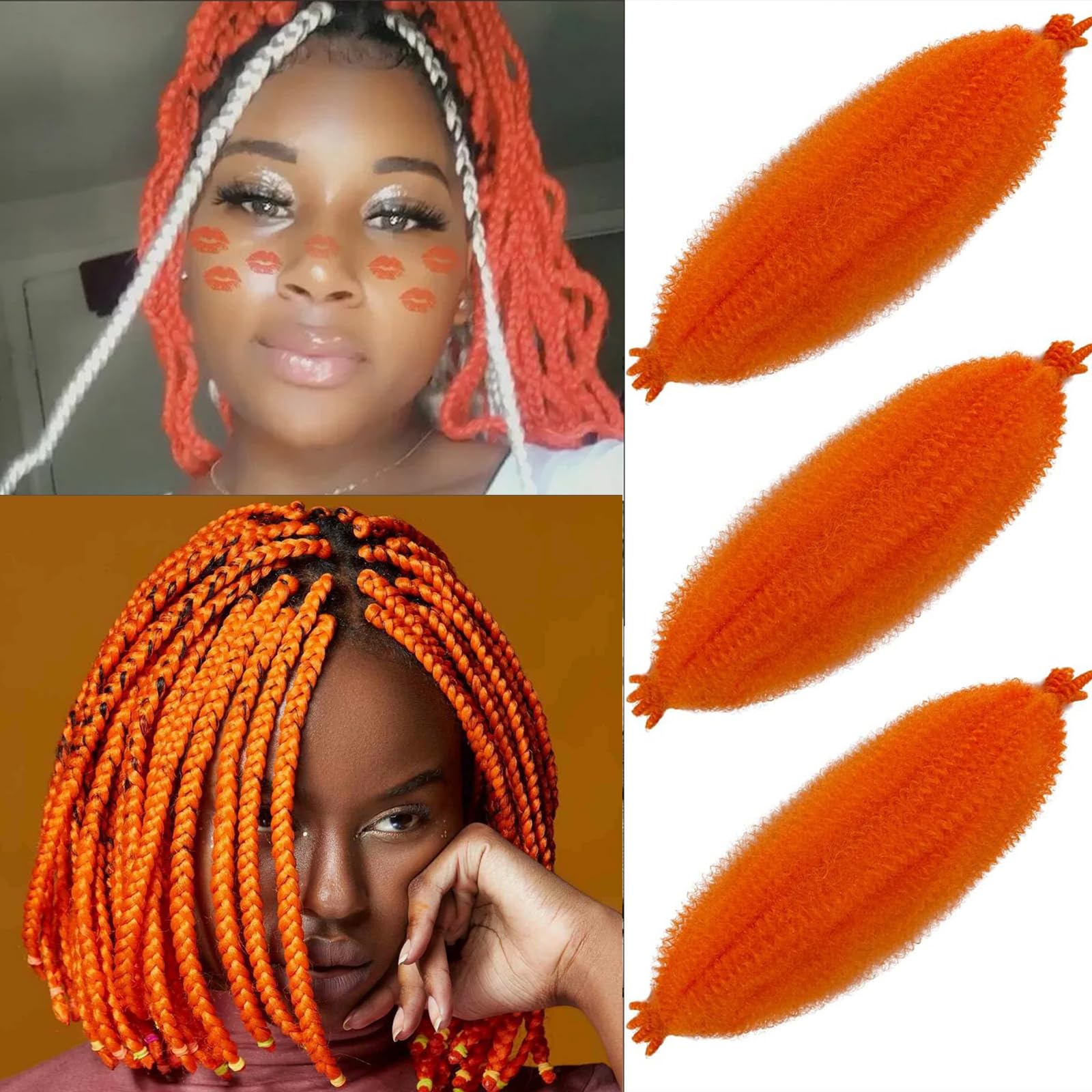 16 pulgadas 3 paquetes de pelo afro trenzado preseparados Kinky Marley Twist trenzado elástico para extensiones de cabello sintético desgastado de locomotoras sintéticas cubanas trenzadas-naranja de