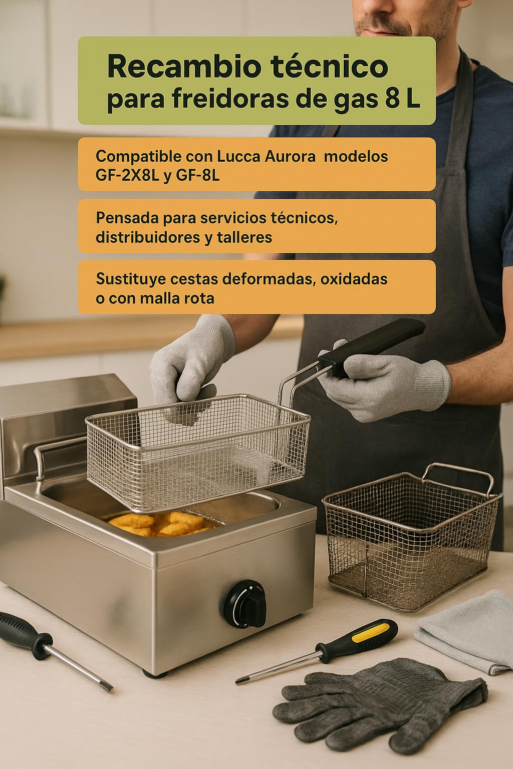 CubetasGastronorm ® Cesta Freidora Gas 8L 200x310x145mm Acero Inoxidable Cocina Profesional Recambio Universal Compatible Con Lucca Aurora GF-2X8L GF-8L Asa Fria Para Freidoras De Hosteleria Plus