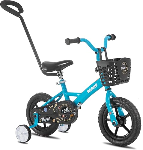 KEANO Voyager 10 12 Inch Kids Bike for Boys and Girls Ages 1-4 Years, Toddler Bike with Training Wheels & Basket, Detachable Parent Push Handle,