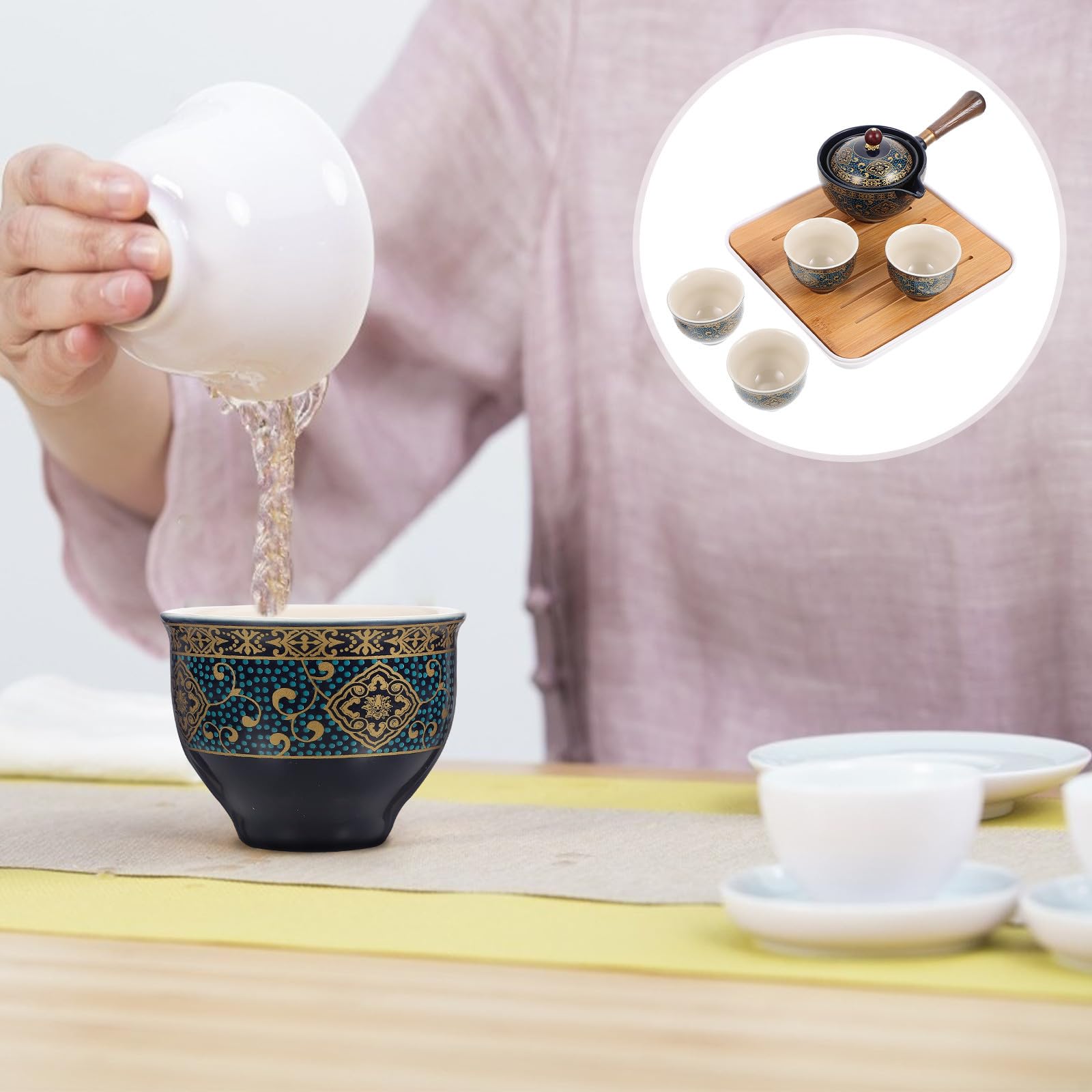 Kit de Té de Kung Fu Portátil para Viaje y Hogar Tetera de Cerámica y 4 Tazas, Diseño Anidado y Filtración Automática para Aficionados al Té