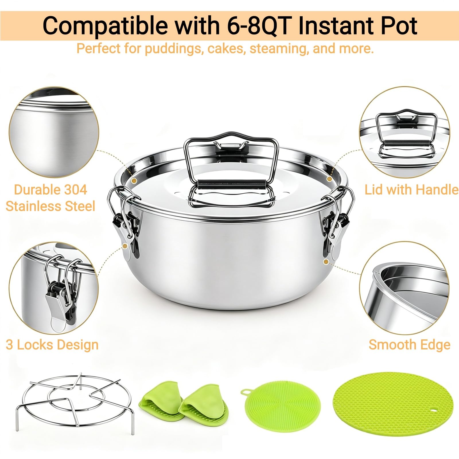 Juego de 6 moldes para flan, sartén de acero inoxidable con estante, almohadilla térmica de silicona, mini guante de horno, molde de flan de flanera de 1,786 g con tapa para olla instantánea de 3, 6