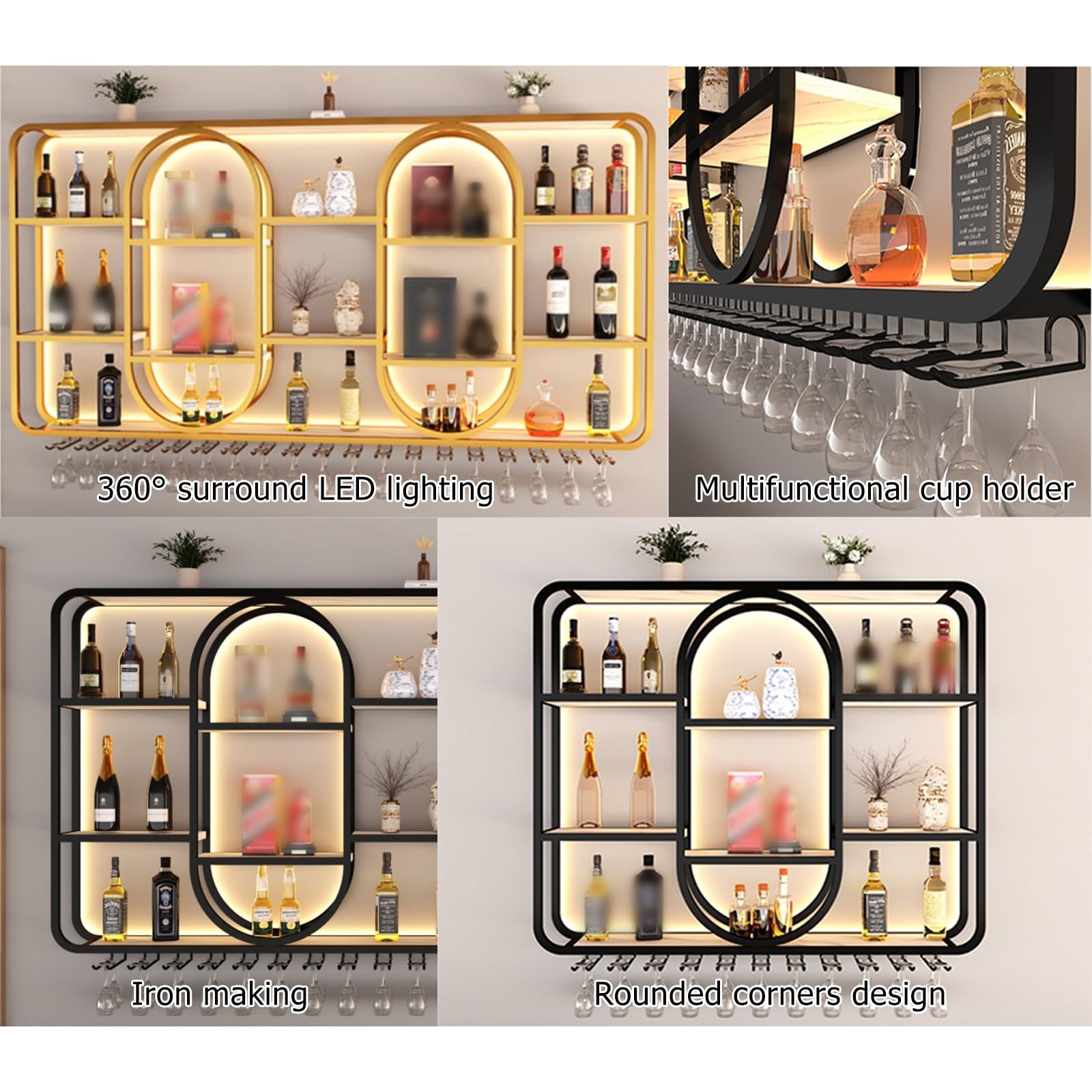 Moderno portabottiglie da parete in metallo con luce a LED, mensole salvaspazio per liquori, per casa, bar, design elegante nero (180 x 20 x 100 cm)