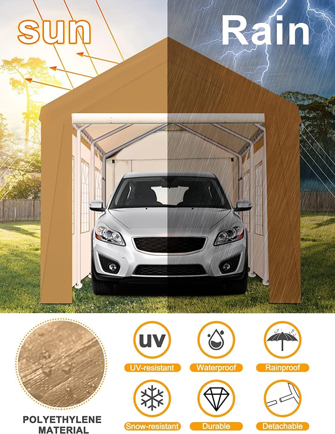 Carport material properties: UV-resistant, waterproof, rainproof, snow-resistant, durable, detachable