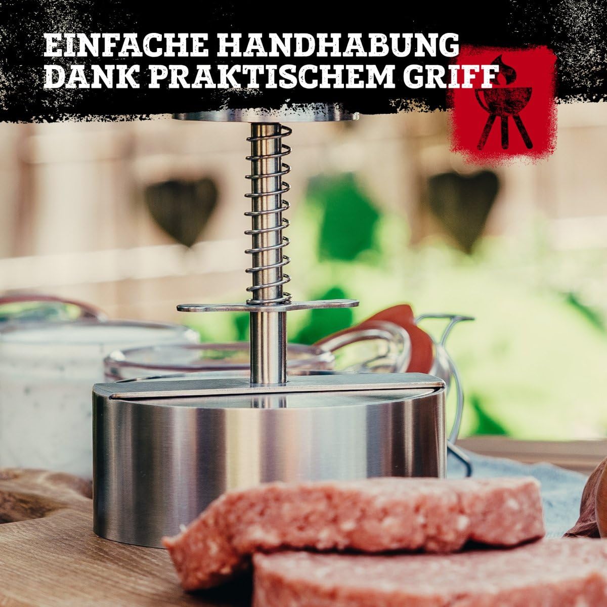 FMProfessional Burgerpresse für leckere Hamburger by Fackelmann – Hamburgerpresse mit 100g - 400g Patty – Presse aus Edelstahl für schmackhafte Burger | Hamburgerpresse mit Skala von 100 bis 400 Gramm, Handlicher Griff mit praktischer Halterung, Reinigung